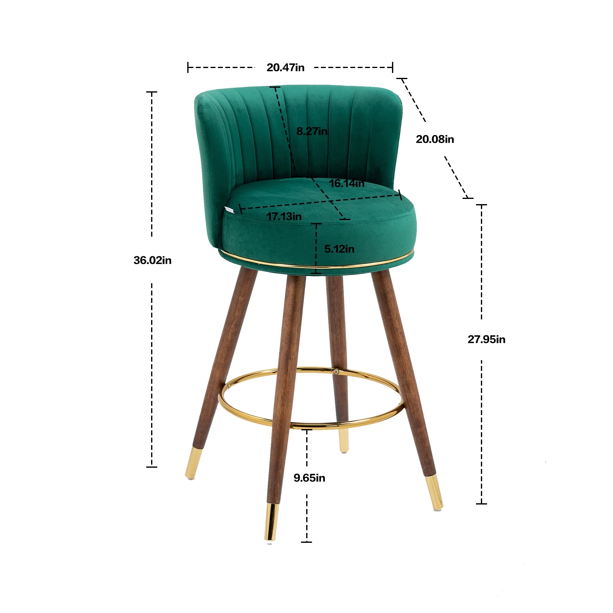 Royard Oaktree Velvet Bar Stools Set of 2 360° Swivel Bar Stools with Back Upholstered Bar Chairs with Wood Legs and Footrest Counter Height Armless Tall Stool for Kitchens Island,Emerald