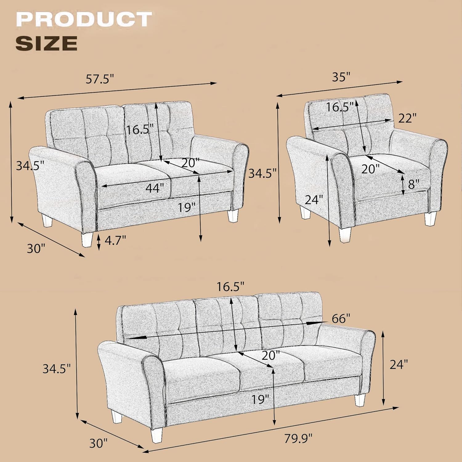 Livig Room Sectioal Sofa Set, Moder Butto Tufted Lie Upholstered Armchair Ad Three Seat Sofa Set Sectioal Couch, Light Grey-Blue