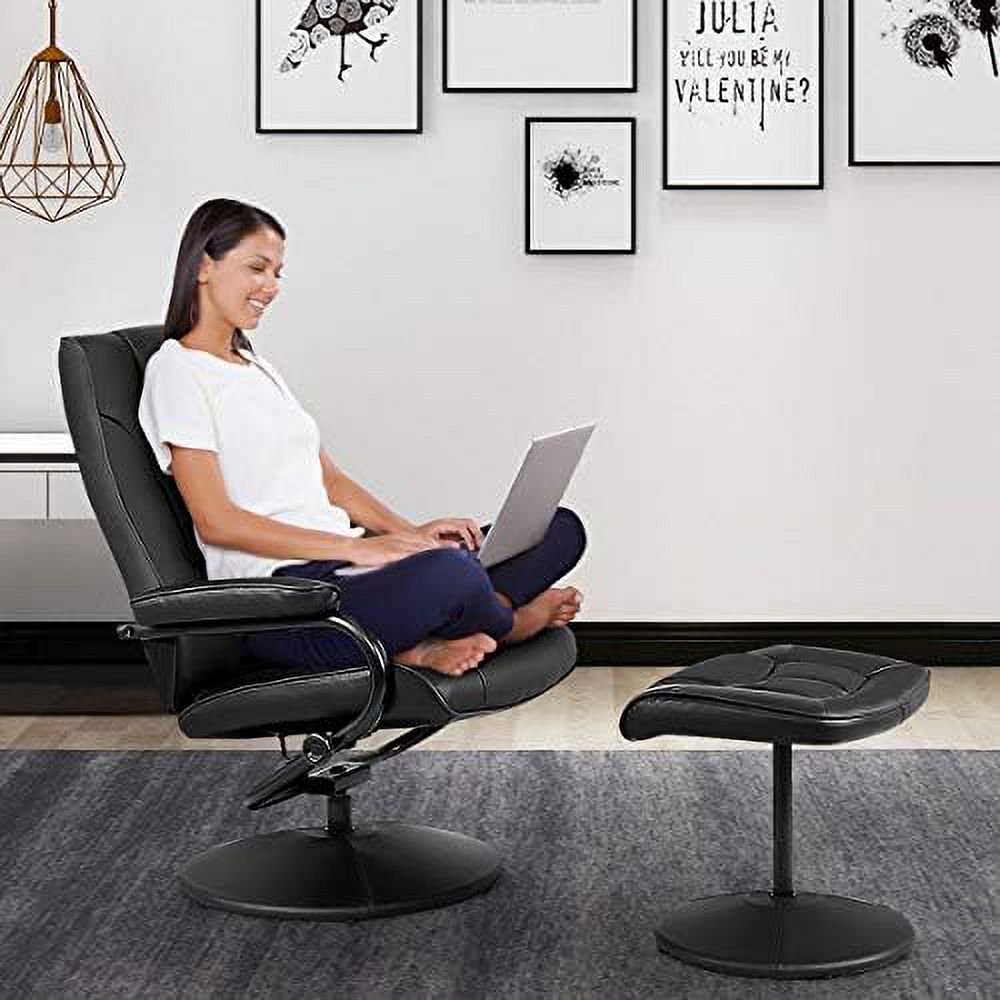 TJUNBOLIFE Swivel Recliner Chair  PU Leather Lounge Armchair Recliner   Degree Swivel Overstuffed Padded Seat Chair with Footrest Stool Ottoman Set for Office Living Room Black