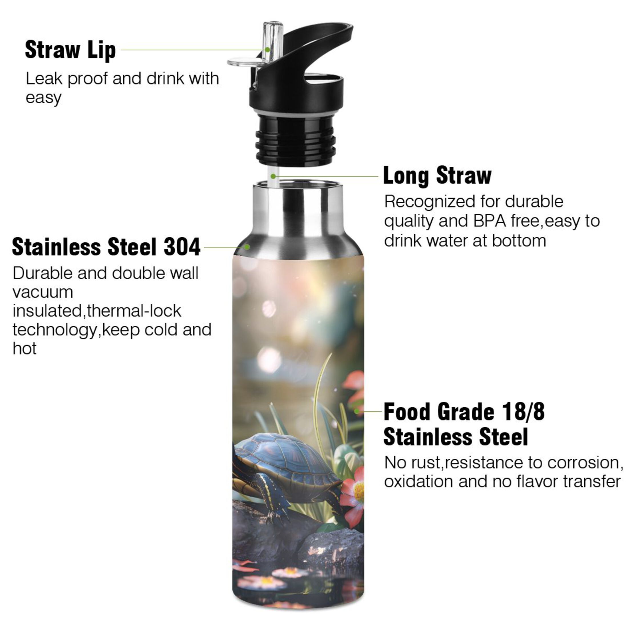 Turtle See Butterfly Floral Water Bottles Insulated Thermos Kids Stainless Steel Bottle with Straw Lid Flask Leakproof for Sports Gym 20 oz