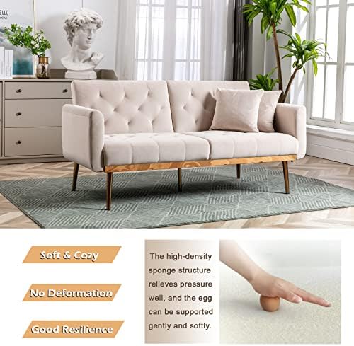 NLIBOOMLife Futon Sofa Bed with 3 Adjustable Positions  Small Sleeper Sofa Loveseat with 2 Decorative Pillows  Modern Upholstered Convertible Couch with 5 Metal Tapered Legs  White Teddy