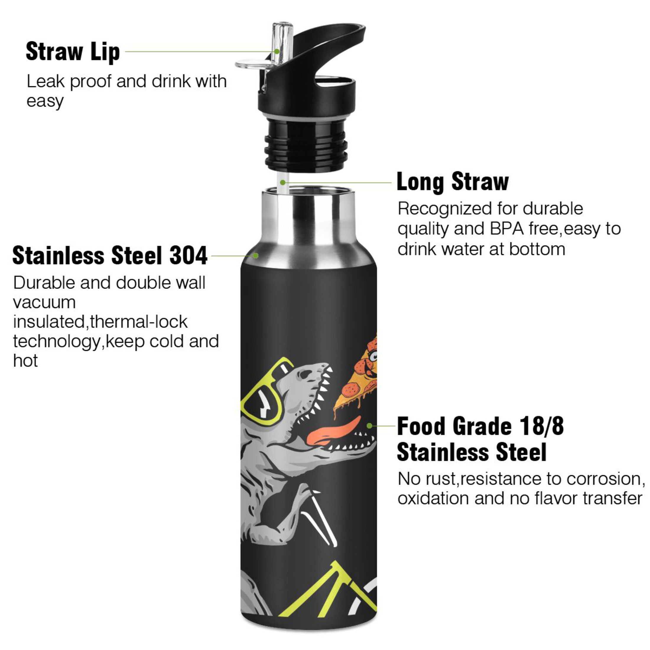 Water Bottle with Straw Lid Leak Dinosaur Pizza Stainless Steel Insulated Thermos Vacuum Flask for Cold Hot Drinking for Sports Camping Gym Yoga