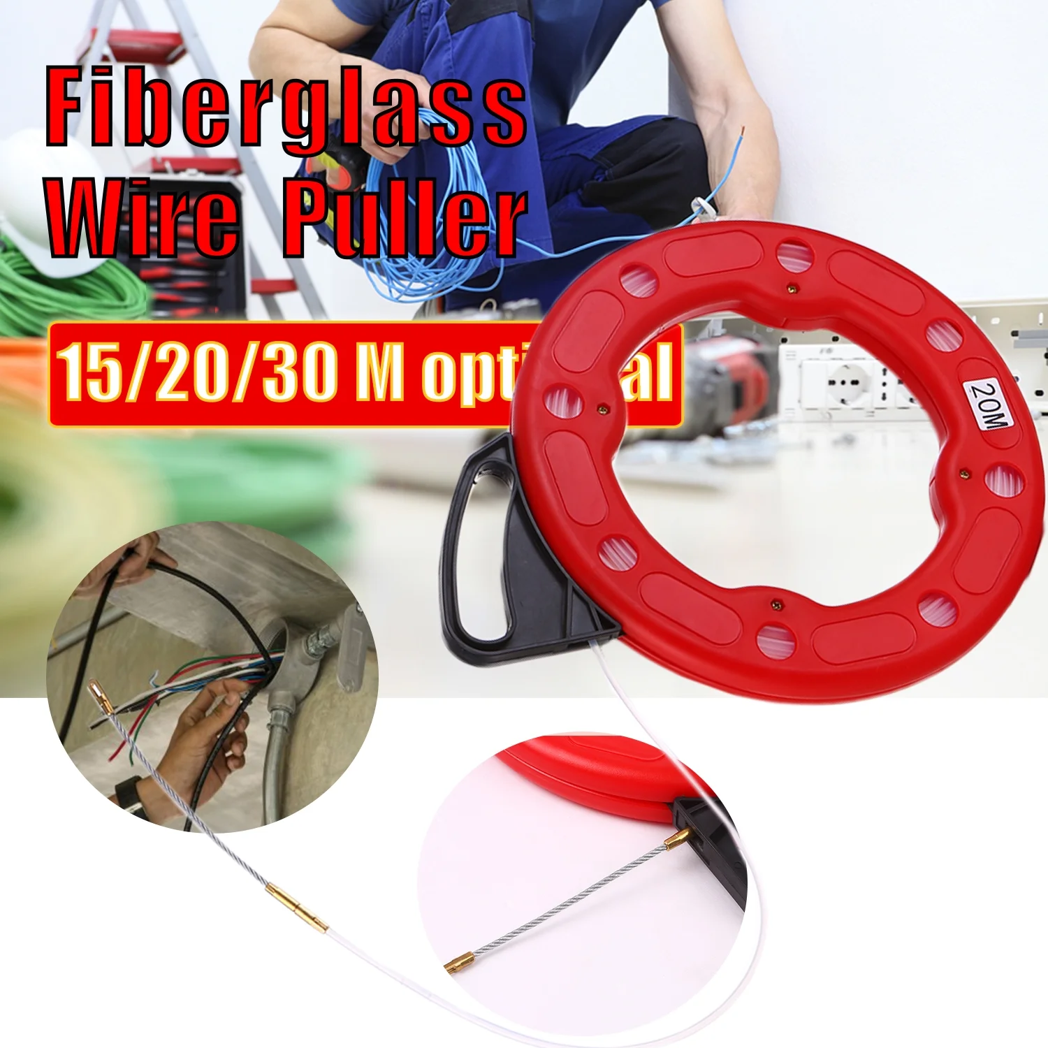 OWSOO 20M Fiberglass Fish Tape Reel Puller Conductive Electrical Cable Puller with Impact Case Electric or Communication Wire Puller Use for Drywall Ceiling Under Rug Conduit or