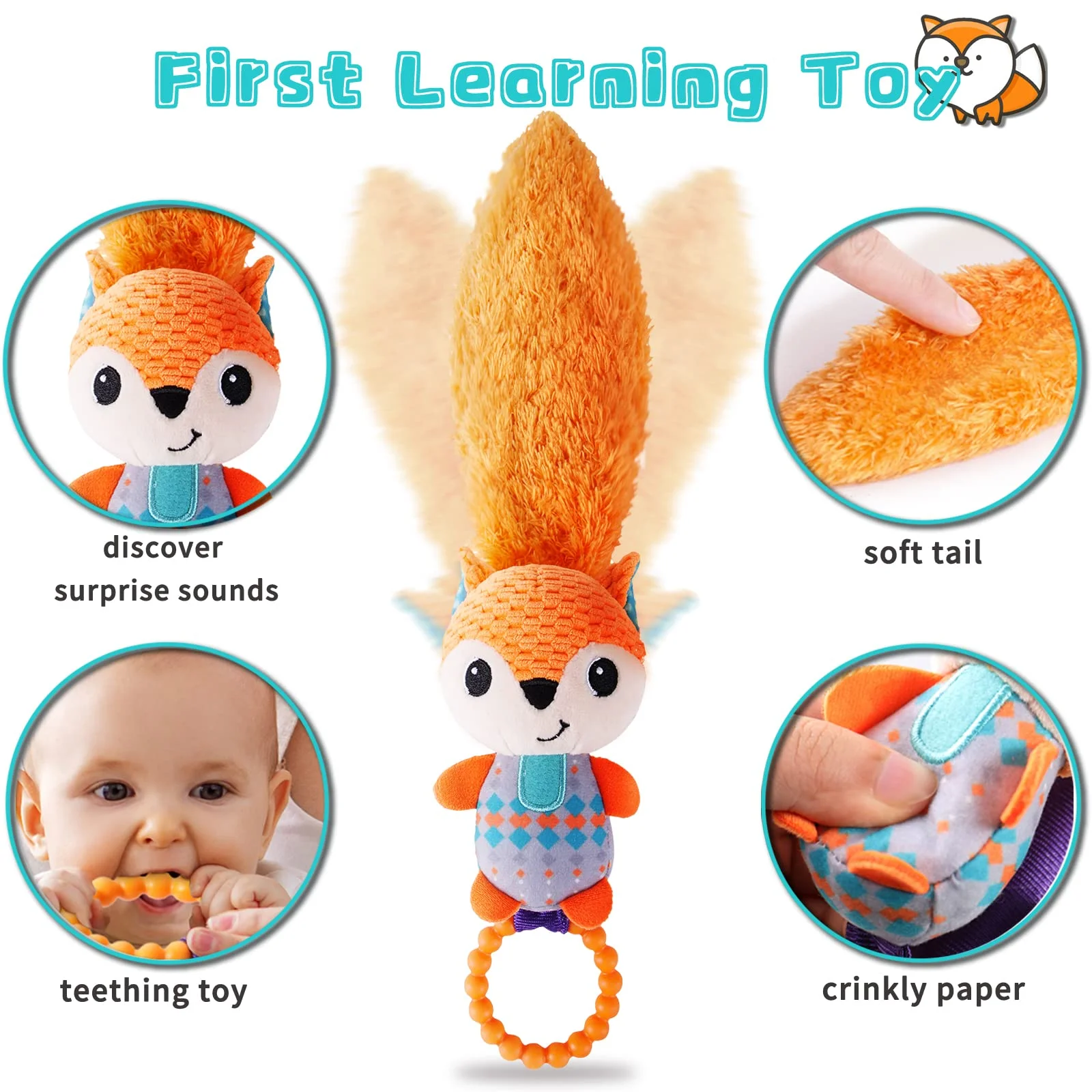 Baby Toys 0 3 6 9 12 Months with Big Soft Tail, Multicolor Baby Rattles & Plush Rings,Safety Teether Toy for Baby, Baby Gifts Idea for Baby Toys Newborn 0-6,6-12 Months(Fox)