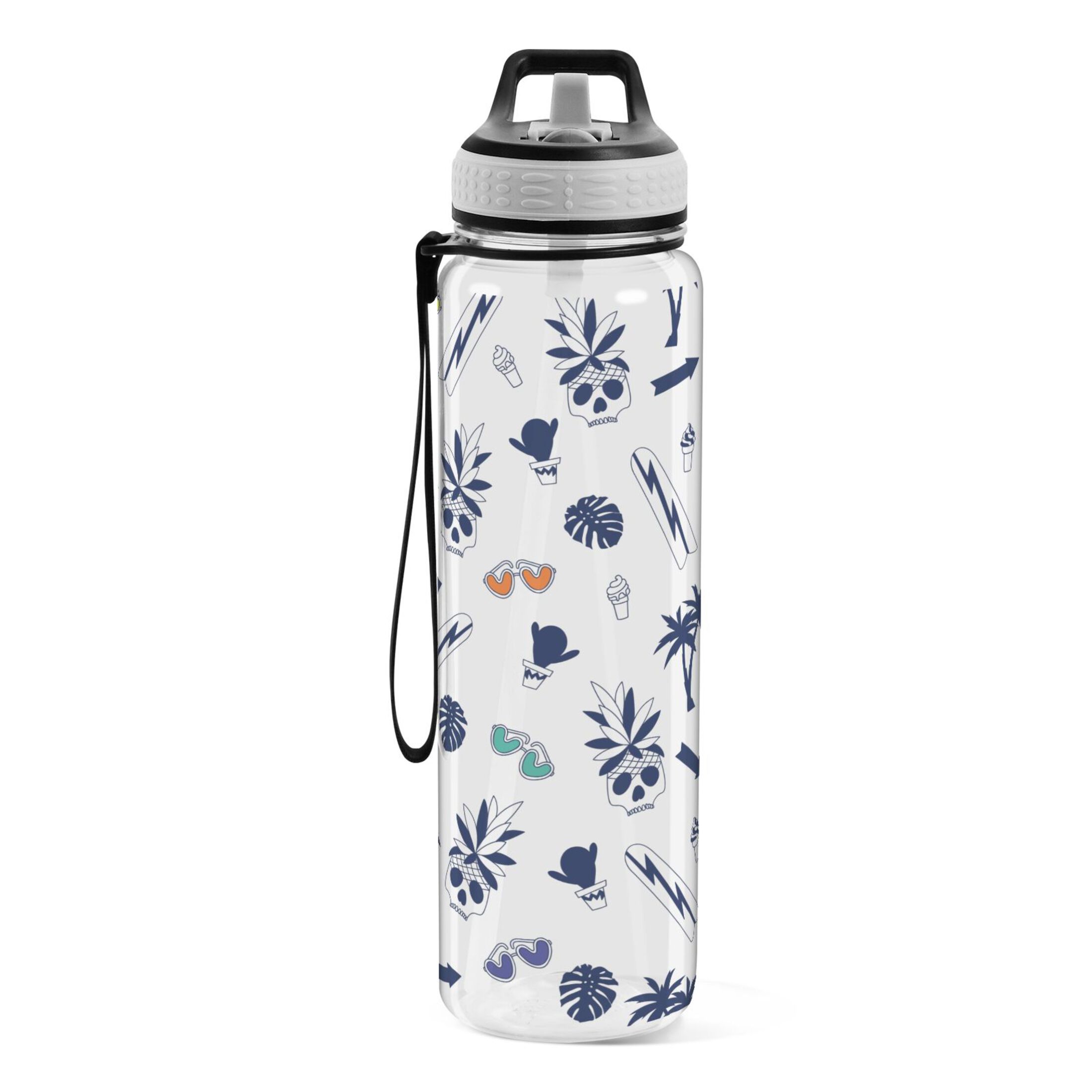 Palm Tree Surfboard Skull 32oz Sports Water Bottles Leakproof Tritan Bottle with Straw BPA Free Clear Bottle for Fitness Gym Outdoor Cycling