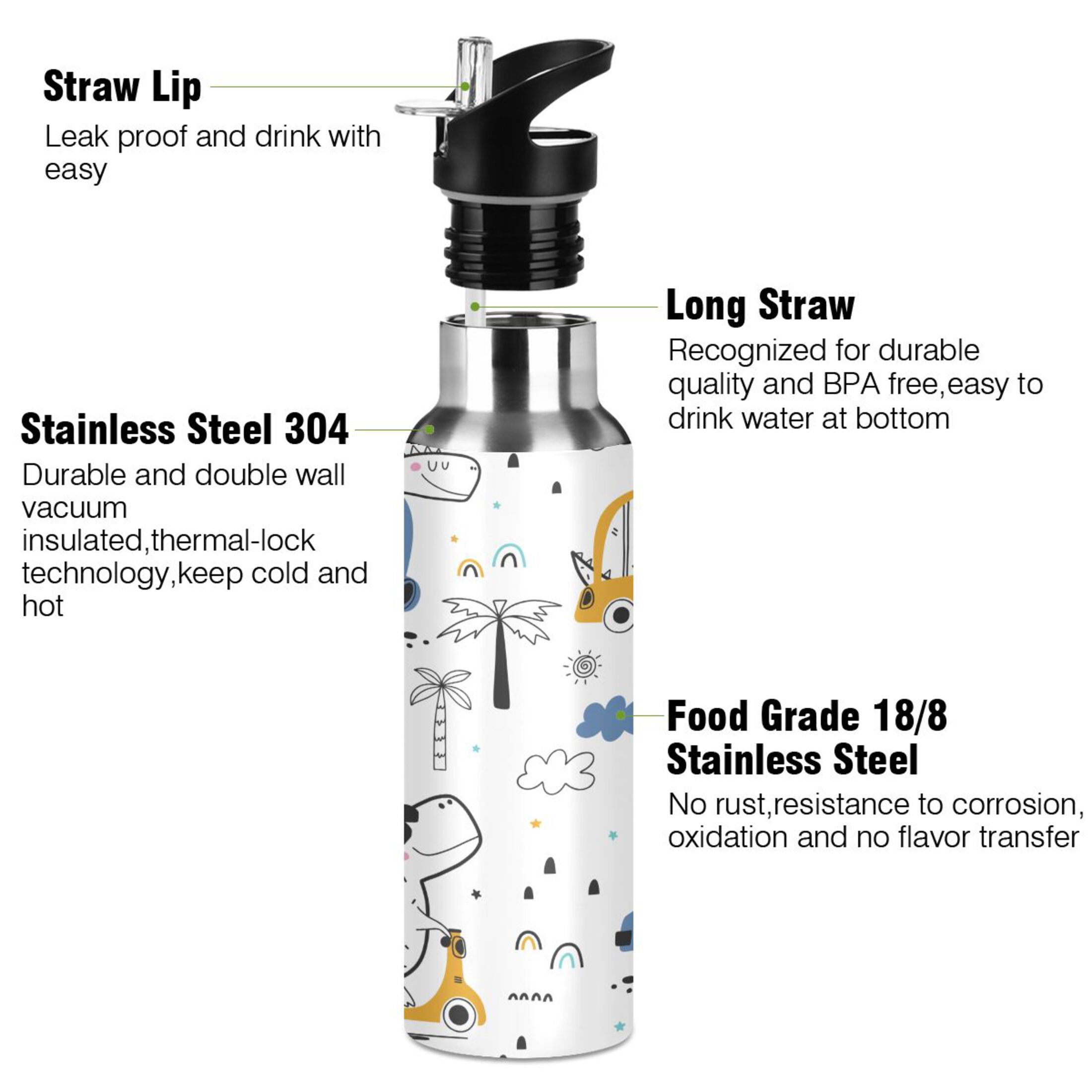 Water Bottle with Straw Lid Leak Cute Dinosaur Driving Stainless Steel Insulated Thermos Vacuum Flask for Cold Hot Drinking for Sports Camping Gym Yoga