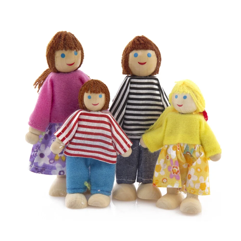 Lovely Happy Family Dolls Playset Wooden Figures Set of 4 People with Dog for Kids Children Toddlers Dollhouse Pretend Gift