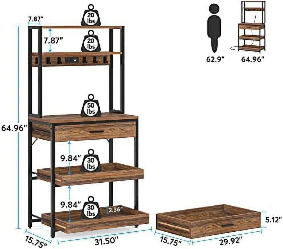 YZboomLife Kitchen Bakers Rack with Power Outlets  5-Tier Microwave Oven Stand with Drawer and Sliding Shelves  Freestanding Coffee   Kitchen   with 6 Hooks  Rustic Brown
