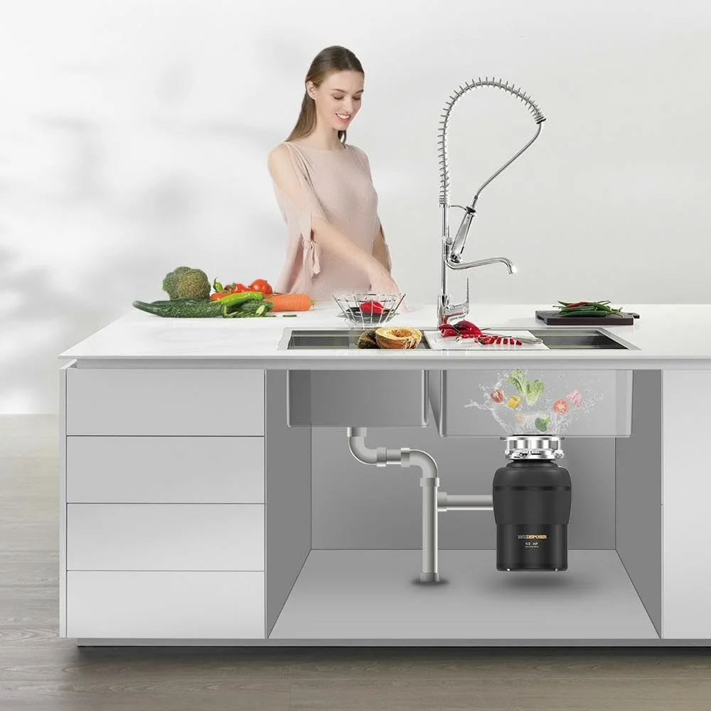 earthmaa Garbage Disposal with Stainless Steel Grinding Chamber, 1/2 HP Continuous Feed Kitchen Garbage Disposer with Power Cord, Household Food Waste Disposer with Overload Protection & Flange-Black