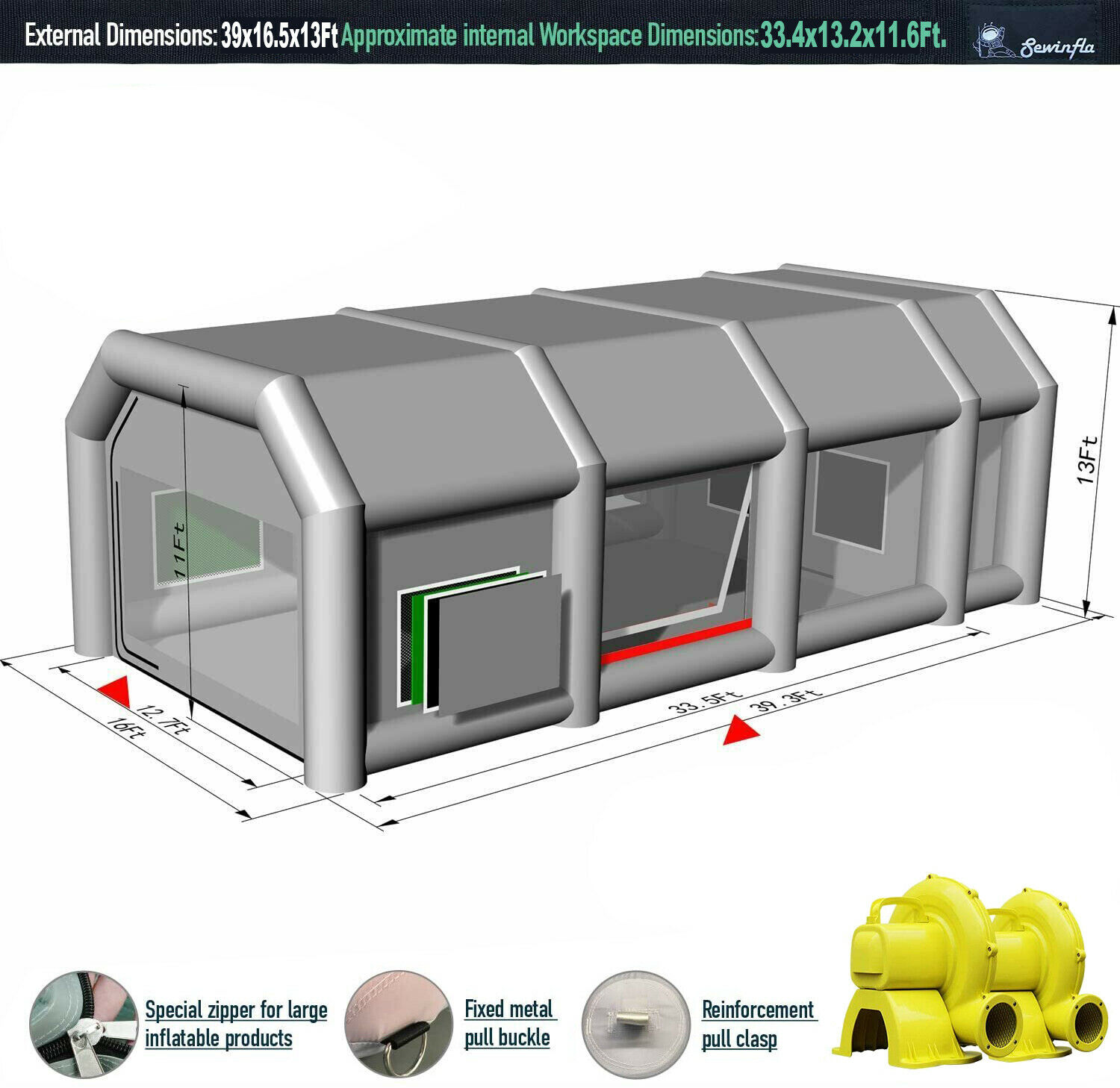 Urbanest Pro Inflatable Paint Booth 39x16x13Ft With Blowers Car Painting Tent for Car Garage