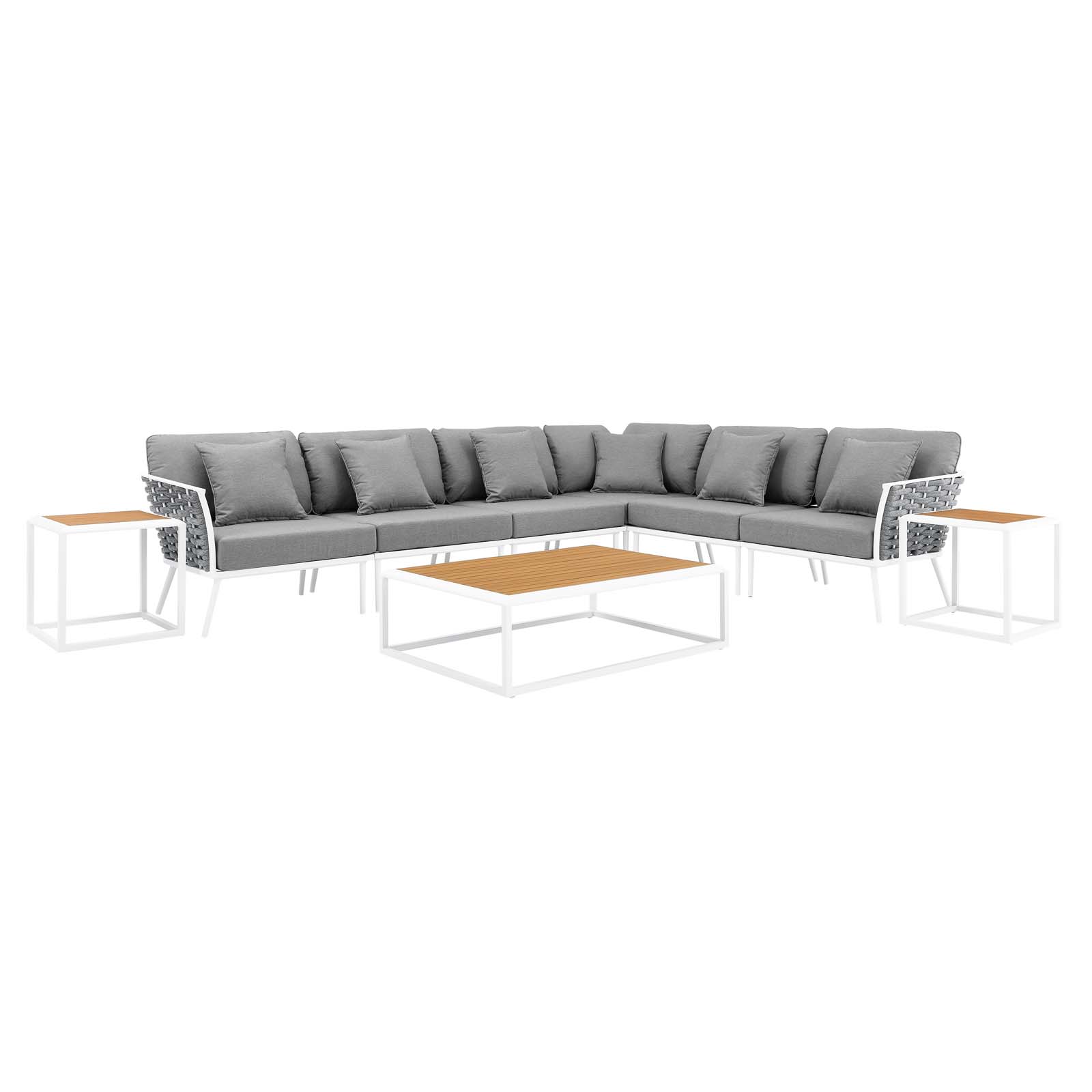 Modway Stance 9 Piece Aluminum Outdoor Patio Aluminum Sectional Sofa Set in White Gray