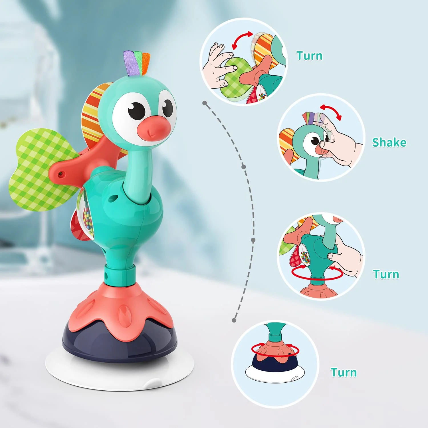 YINYUE Baby Interactive High Chair Toy - Developmental Suction Cup Rattle for Early Learning, for 6 + Months Infant & Toddler, Peacock