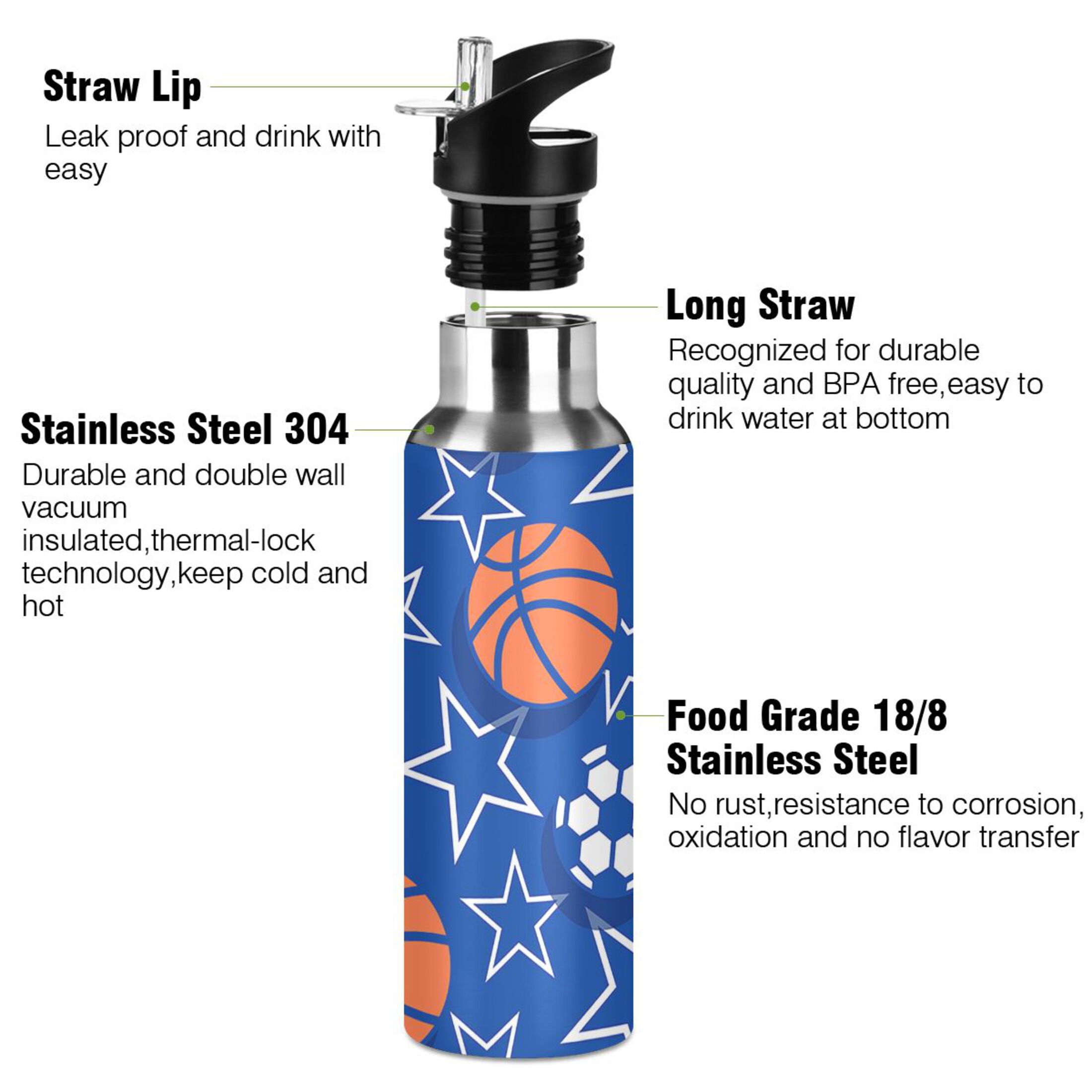 Water Bottle with Straw Lid Leak Sports Balls Stars Pattern Stainless Steel Insulated Thermos Vacuum Flask for Cold Hot Drinking for Sports Camping Gym Yoga