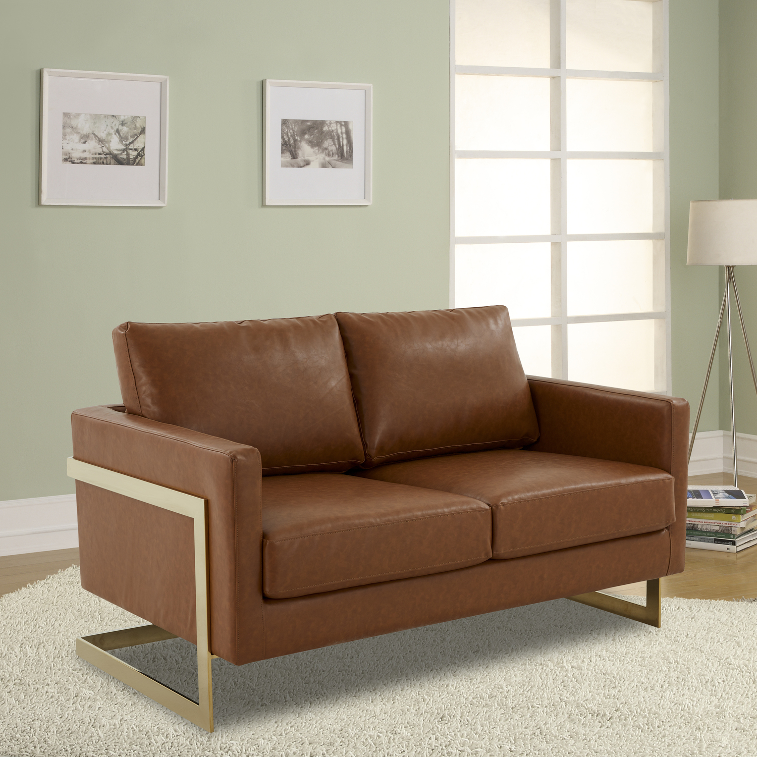 Maykoosh African Artifacts Modern Mid-Century Upholstered Leather Loveseat with Gold Frame
