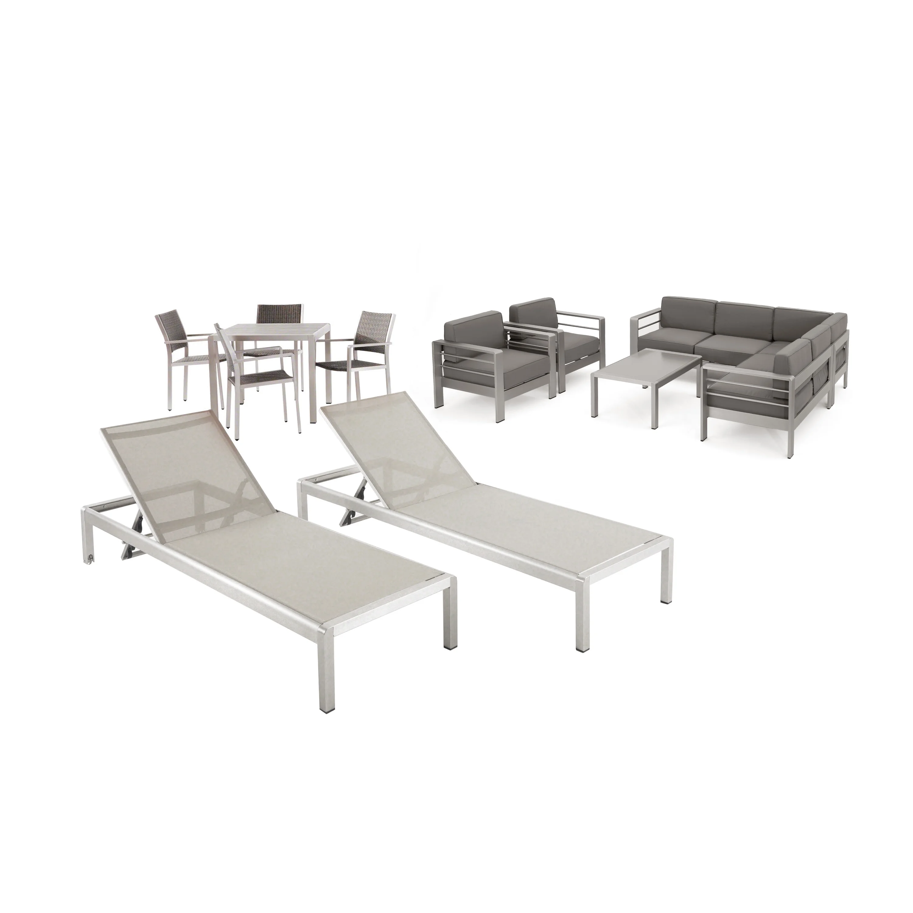 GDF Studio Crested Bay Outdoor Aluminum 9 Seater Estate Collection with Wicker 5 Piece Dining Set, Silver, Khaki, and Gray