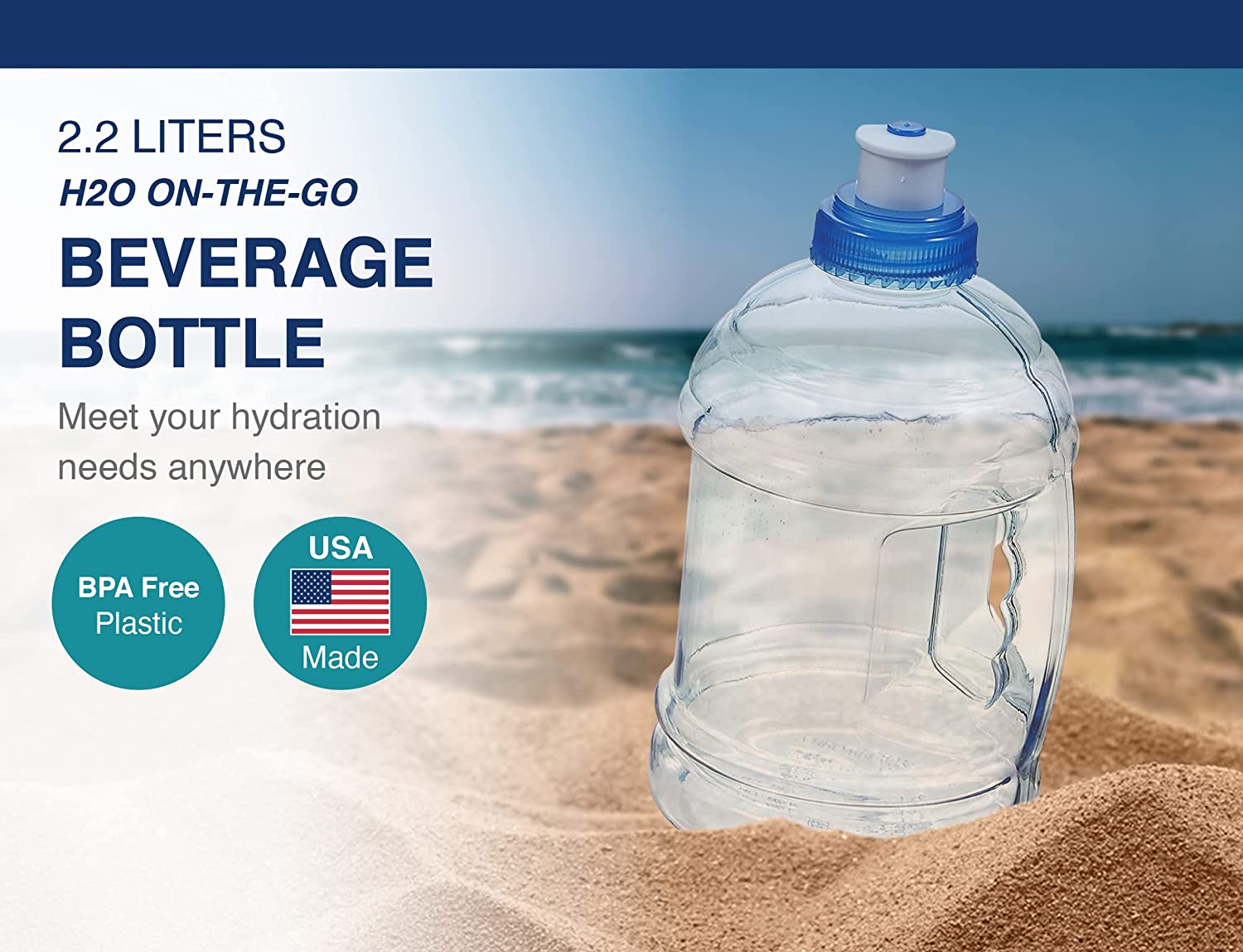 Arrow H2O On The Go Water Bottle, 2.2 Liter - Large Clear Plastic Water Bottle with Push Cap - Made in the USA, BPA Free - Built-In Convenient Handle, Leakproof - Ideal for the Gym and Sports Practice