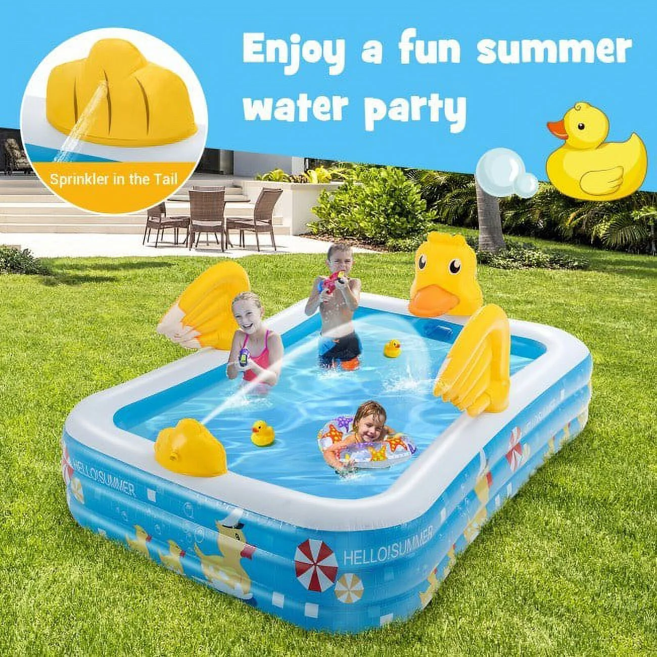GIFFIH Inflatable Swimming Pool Duck Themed Kiddie Pool with Sprinkler for Age Over 3