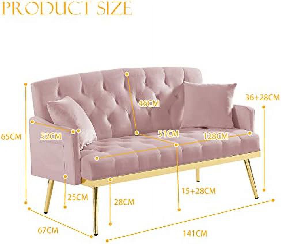KHBIULIFE Upholstered Velvet Loveseat Sofa  Modern Small Sofa Couch with Side Pocket and Golden Metal Legs  Tufted Leisure Sofa for Living Room  Bedroom  Office  Light Beige