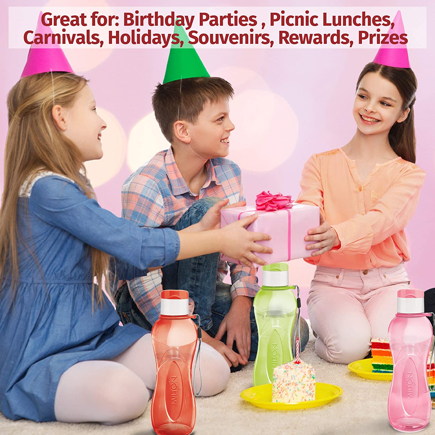 MILTON Sports Water Bottle Kids Reusable Leakproof 25 Oz 4-pack Plastic Wide Mouth Large Big Drink Bottle BPA & Leak Free With Handle Strap Carrier For Cycling Camping Hiking Gym Yoga