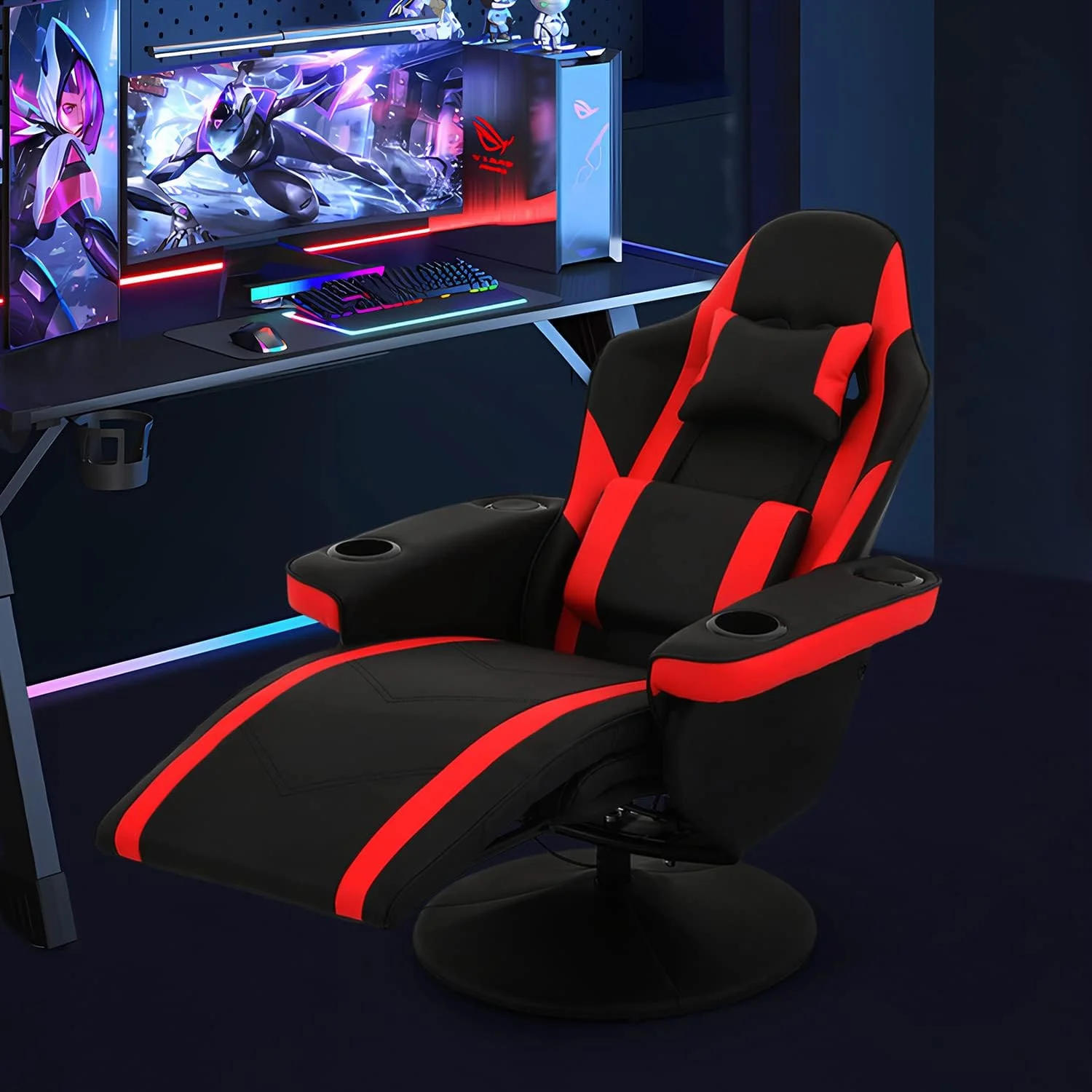 Recliner Massage Chair Comfortable PU Leather Video Game Chair Home Theater Seat 360° Swivel Game Chair W/Headrest, Lumbar Support, Footrest, Cup Holder And Side Pouch For Adult Teen, Red