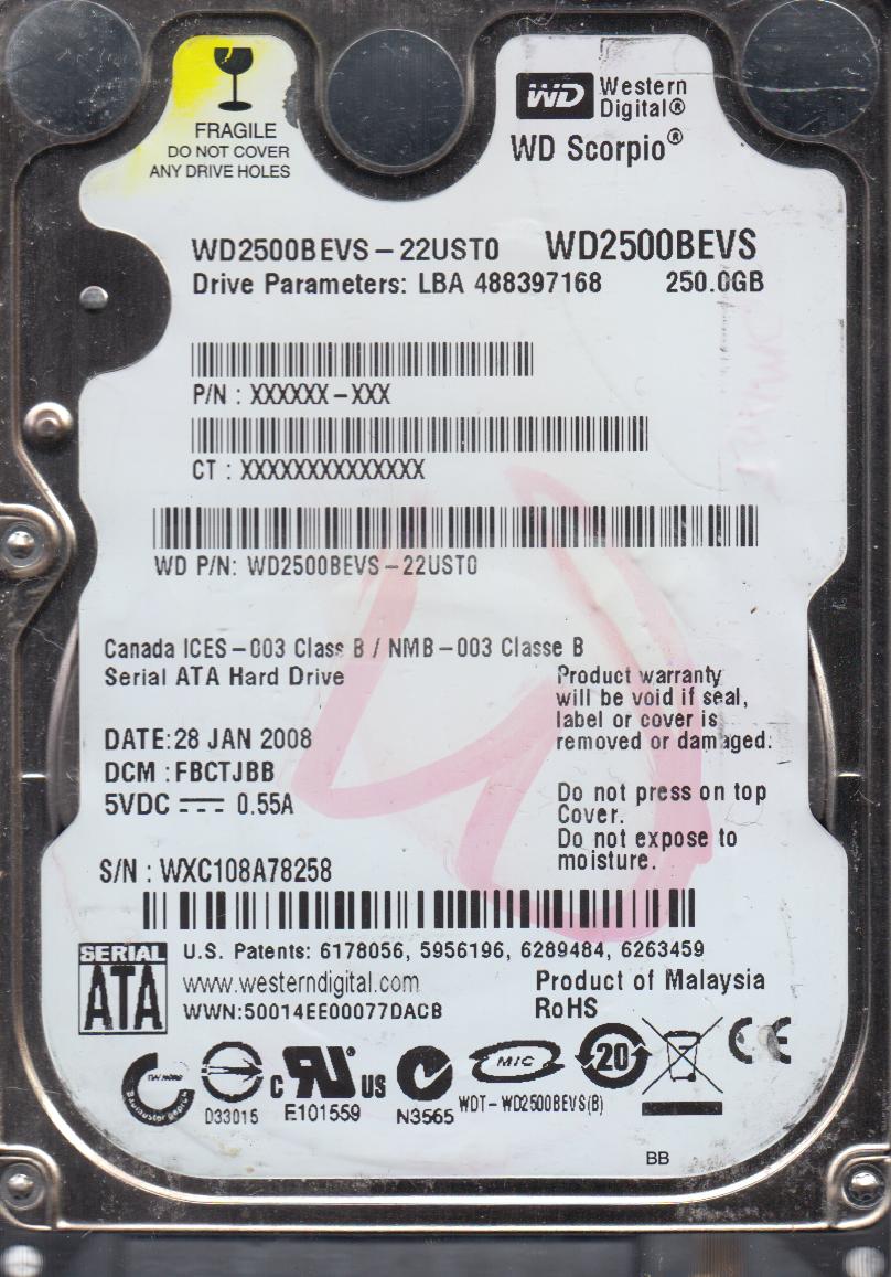 WD2500BEVS-22UST0, DCM FBCTJBB, Western Digital 250GB SATA 2.5 Hard Drive