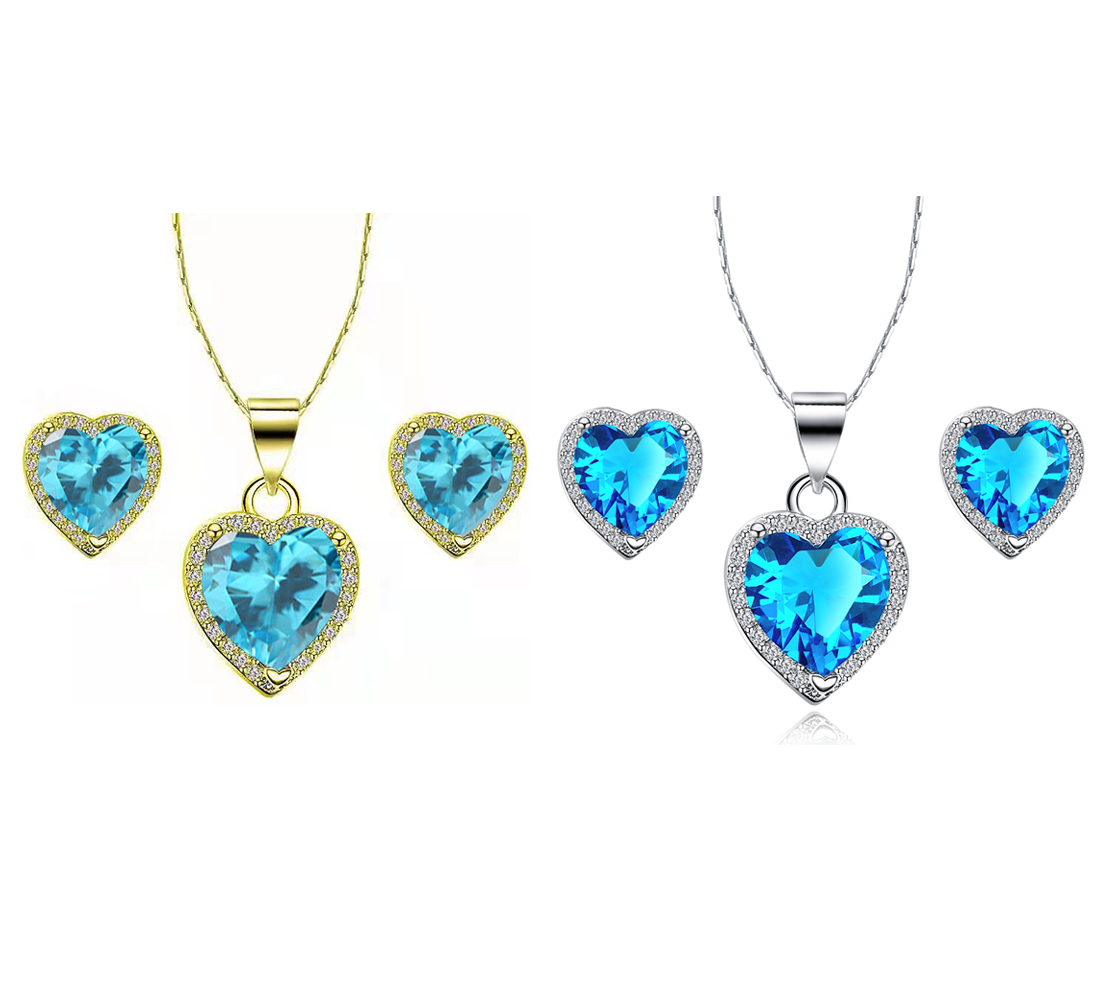 Paris Jewelry 24k Yellow and White Gold 4Ct Blue Topaz Full Necklace Set 18 inch Plated