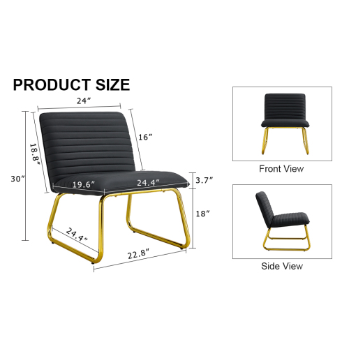 Black minimalist armless sofa chair with PU backrest and golden metal legs, suitable for offices