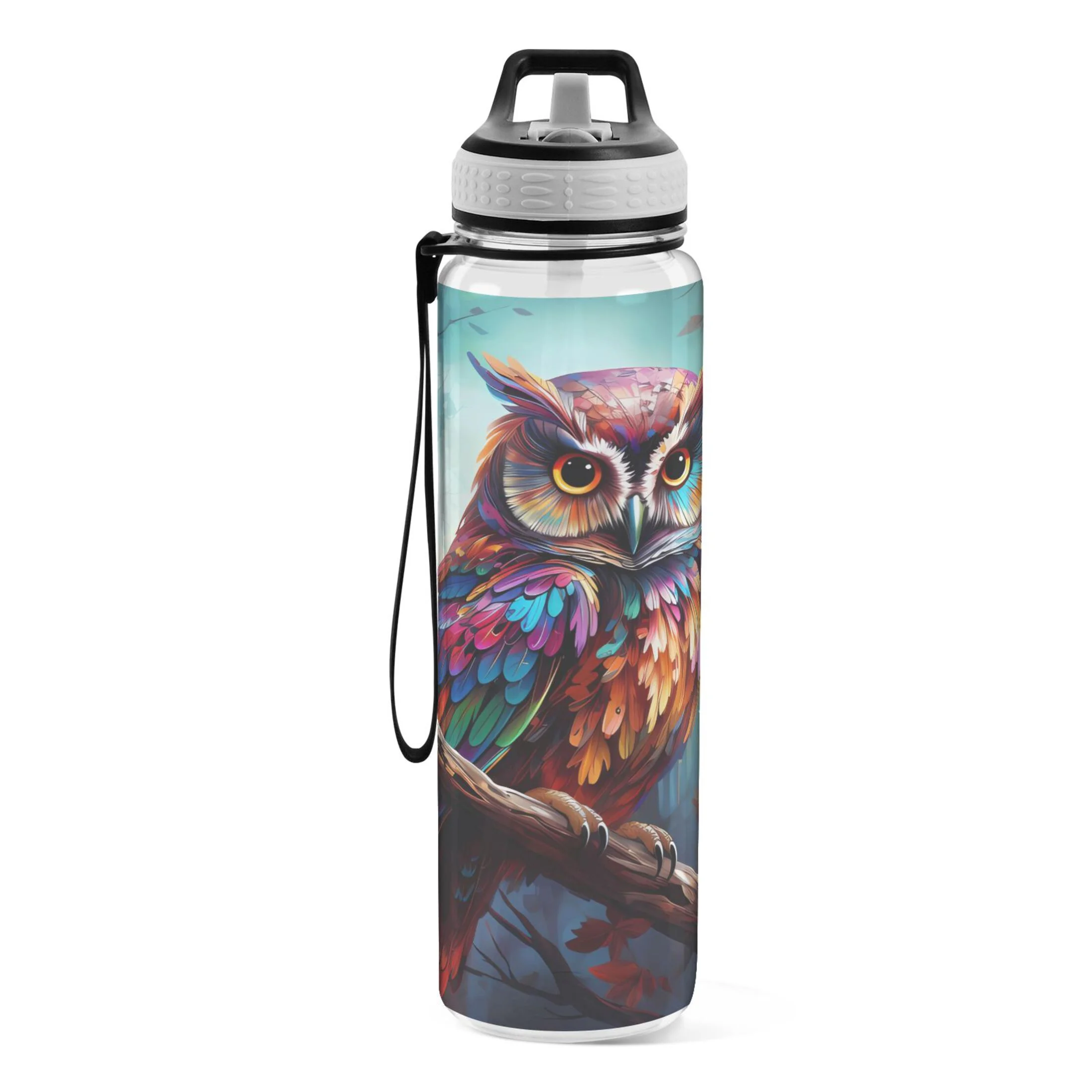 Owl with Leaves 32oz Water Bottles with Straw Tritan Leakproof Sports Bottle BPA Free Clear for Fitness Gym Swimming Cycling