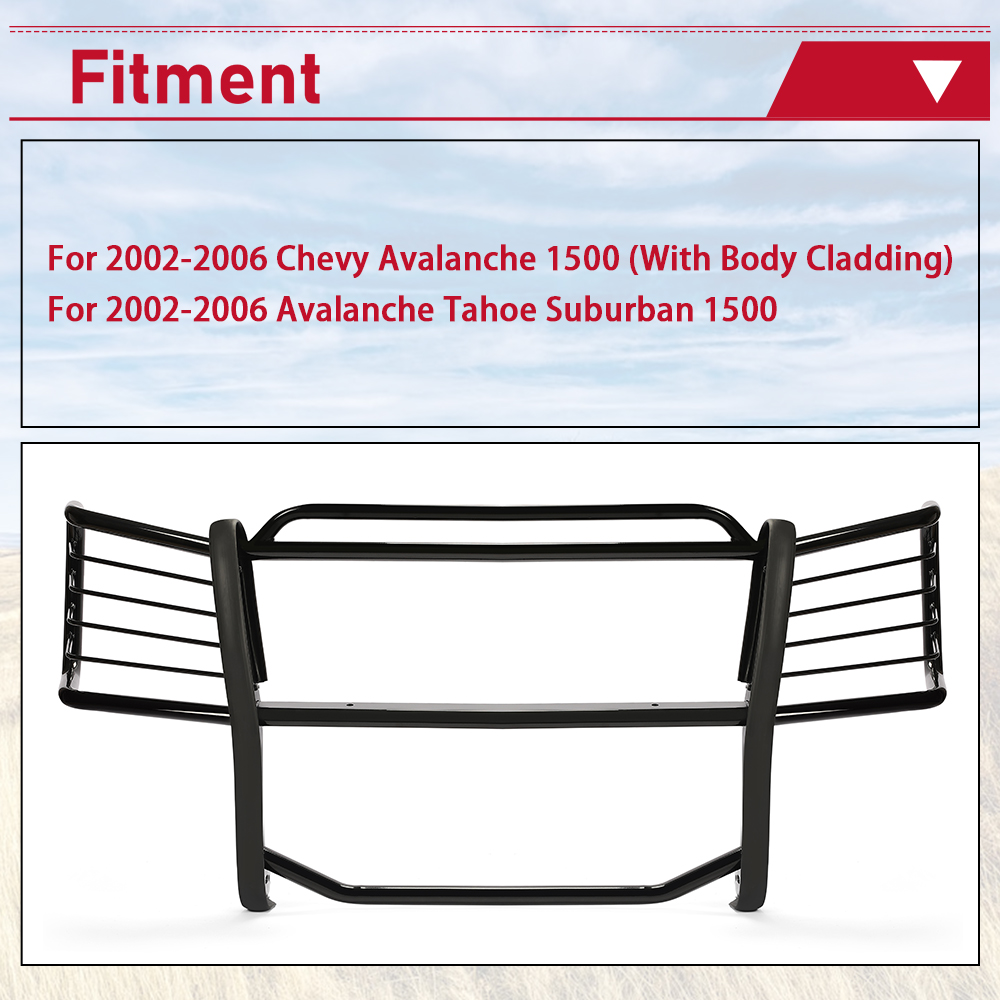 Kojem Front Bumper Brush Grill Guard for 02 03 04 05 06 Chevy Avalanche Tahoe Suburban 1500 with Body Cladding