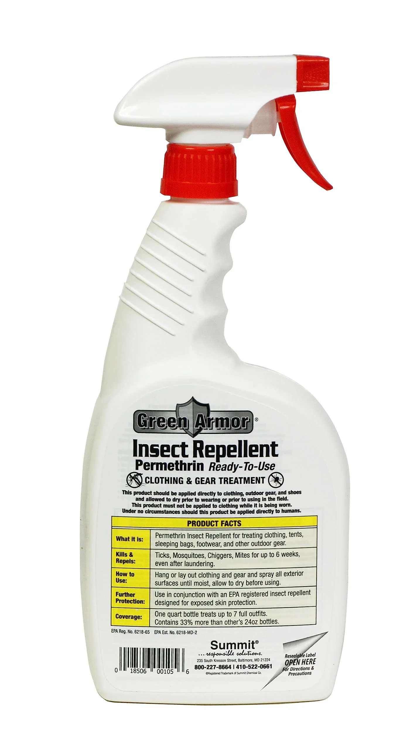 Summit Chemical  32 oz Green Armor Insect Repellent Permethrin RTU Trigger Spray, Clear - Pack of 12