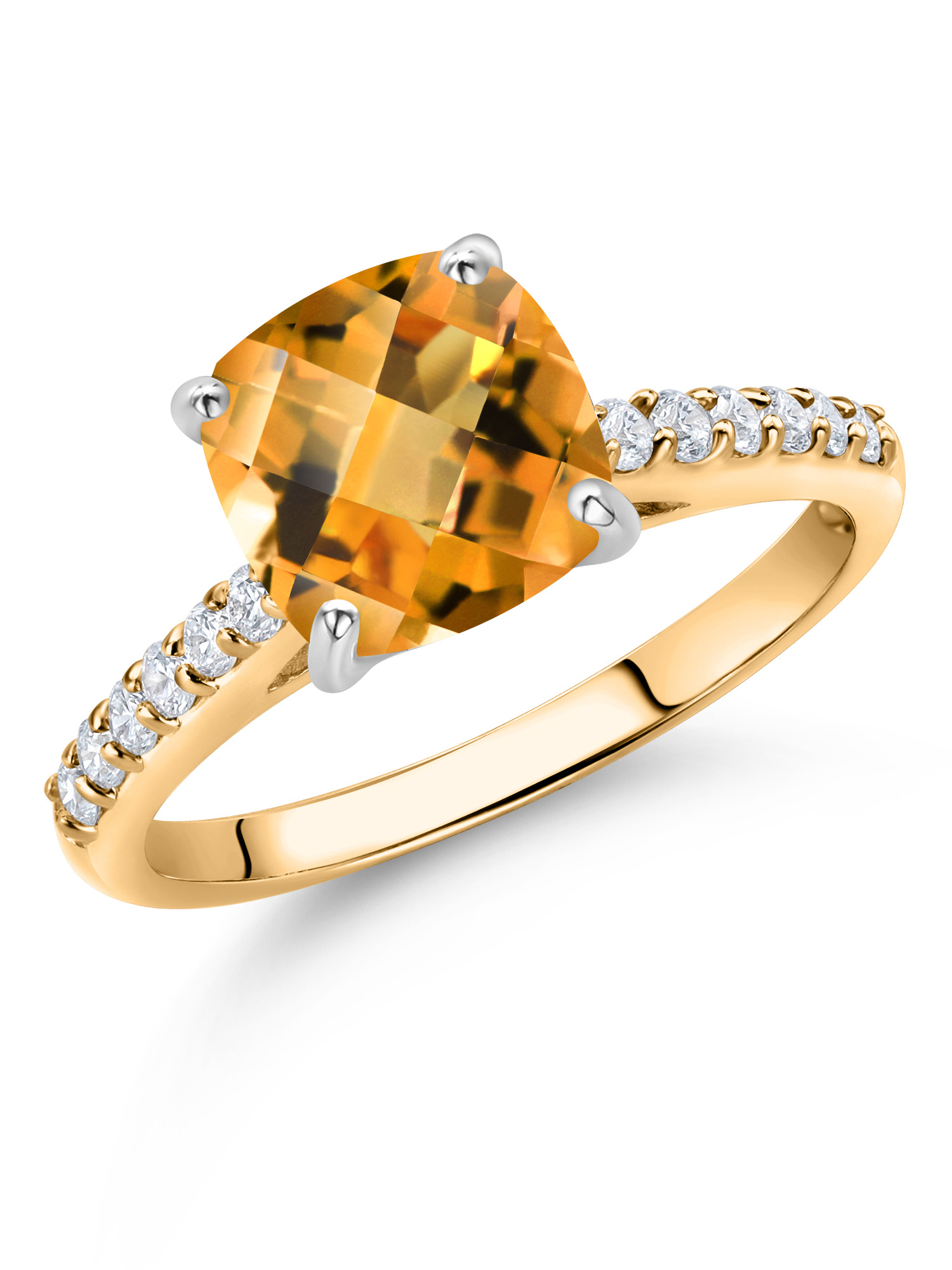 10K Yellow Gold 8MM Cushion Checkerboard Cut Yellow Citrine and White Lab Grown Diamond Engagement Ring For Women (2.18 Cttw, Gemstone November Birthstone, Available In Size 5, 6, 7, 8, 9)