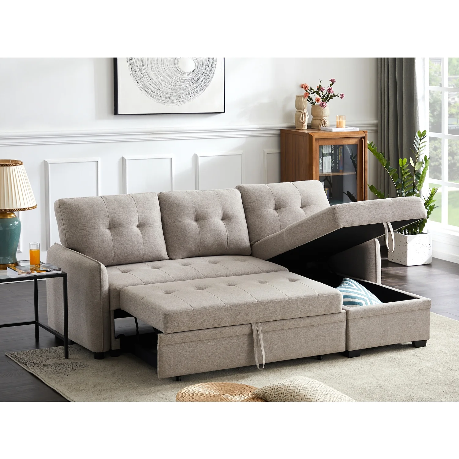 Infini Furnishings Sectional Sofa with Pull Out Sleeper Bed, Fabric Upholstered Reversible Storage Chaise Lounge, Modern Tufted Line Design Sofabed for Living Room, small space Apartment, Light Gray