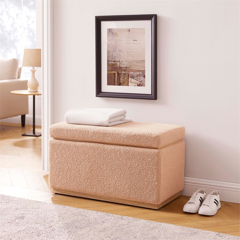 Linon Hawn Rectangle Sherpa Storage Ottoman in Tan