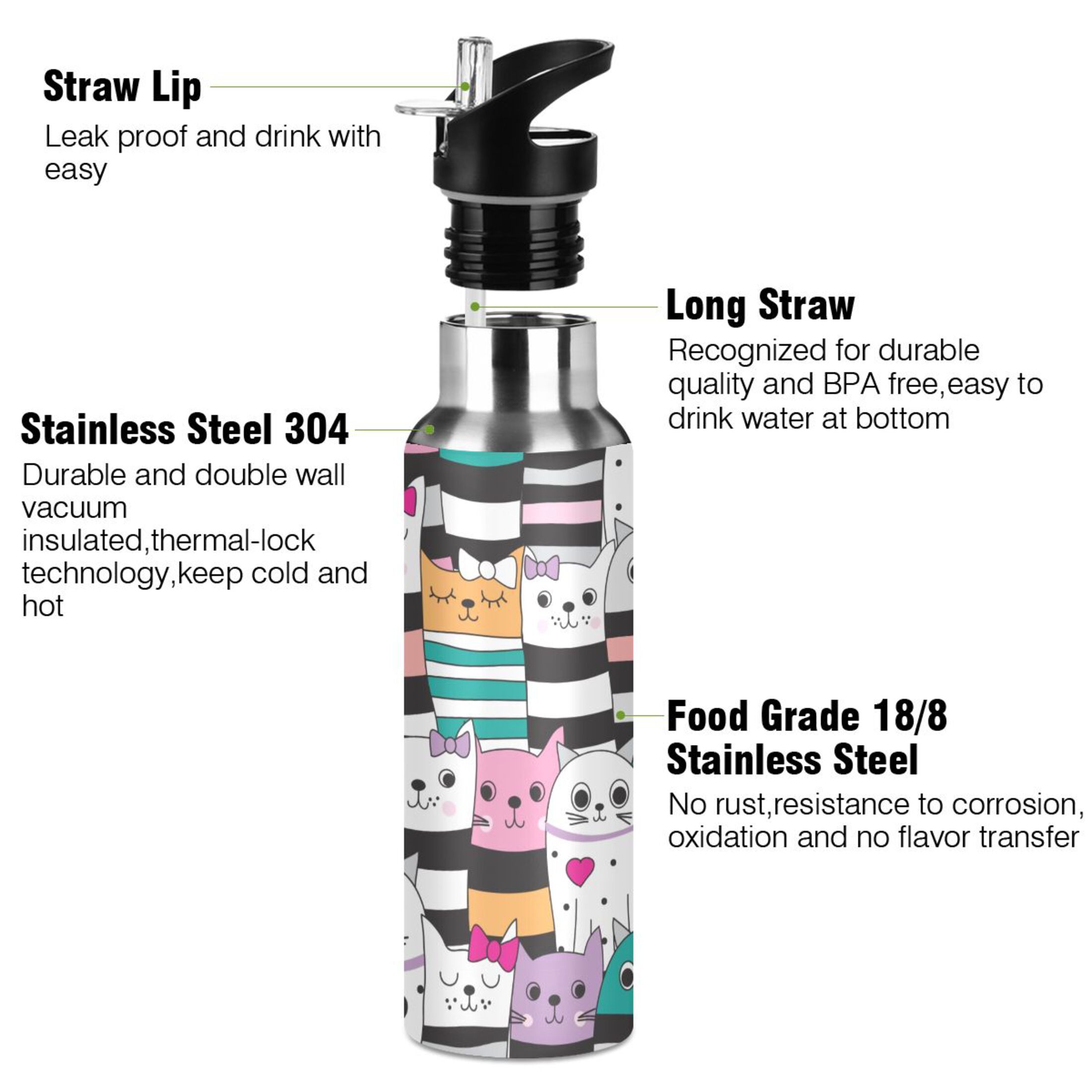 Water Bottle with Straw Lid Leak Pattern with Cats Stainless Steel Insulated Thermos Vacuum Flask for Cold Hot Drinking for Sports Camping Gym Yoga