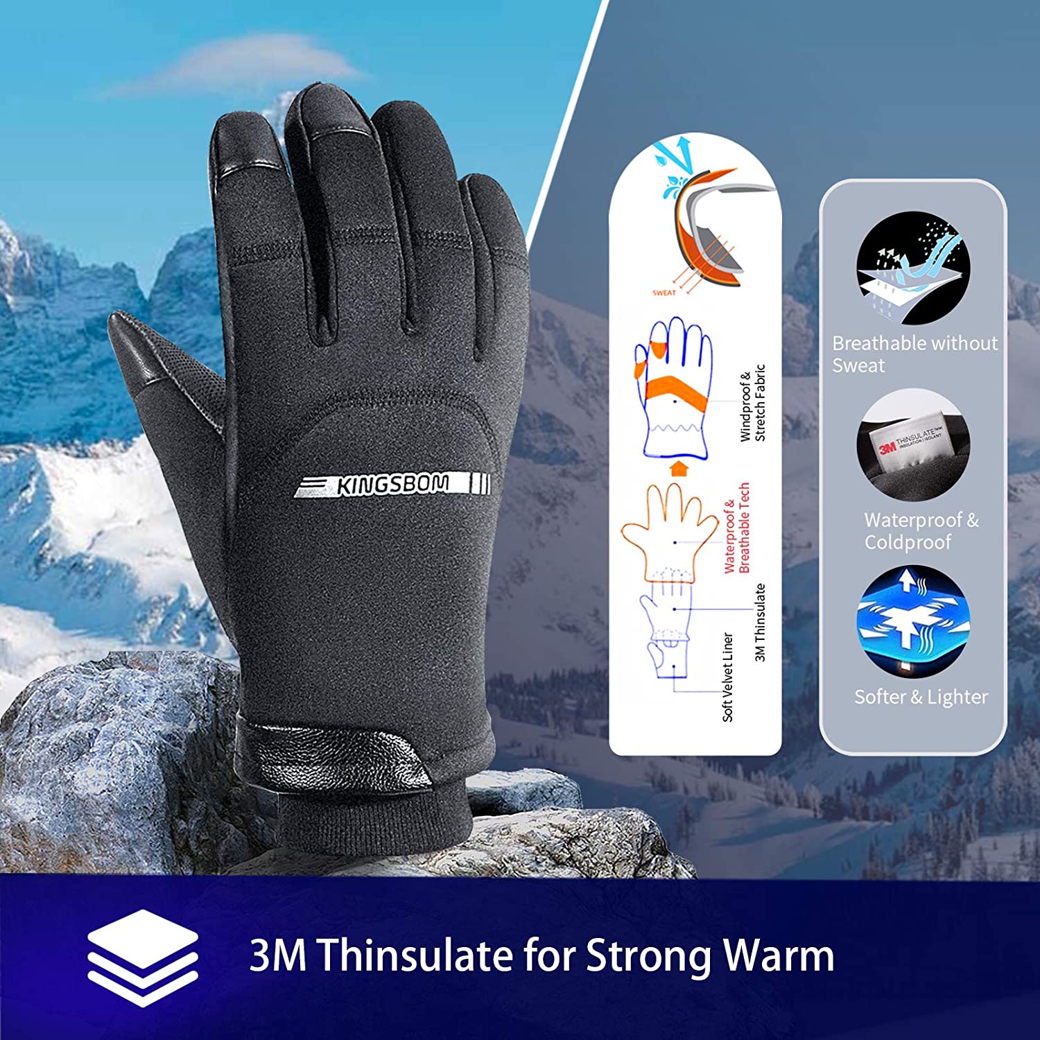 KINGSBOM -40℉ Winter Waterproof Thermal Gloves - 3M Thinsulate Windproof Touch Screen Warm Gloves - for Driving,Cycling,Riding,Running,Outdoor Sports - for Women and Men - Black