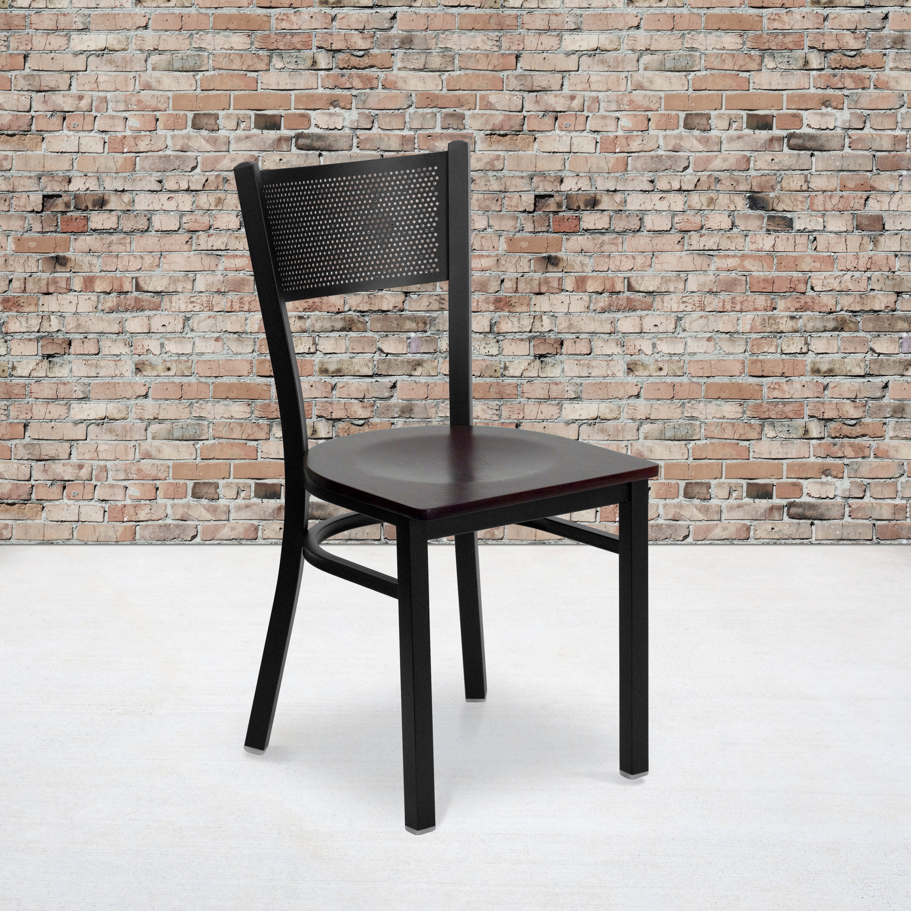 Flash Furniture 2 Pk. HERCULES Series Black Grid Back Metal Restaurant Chair - Mahogany Wood Seat