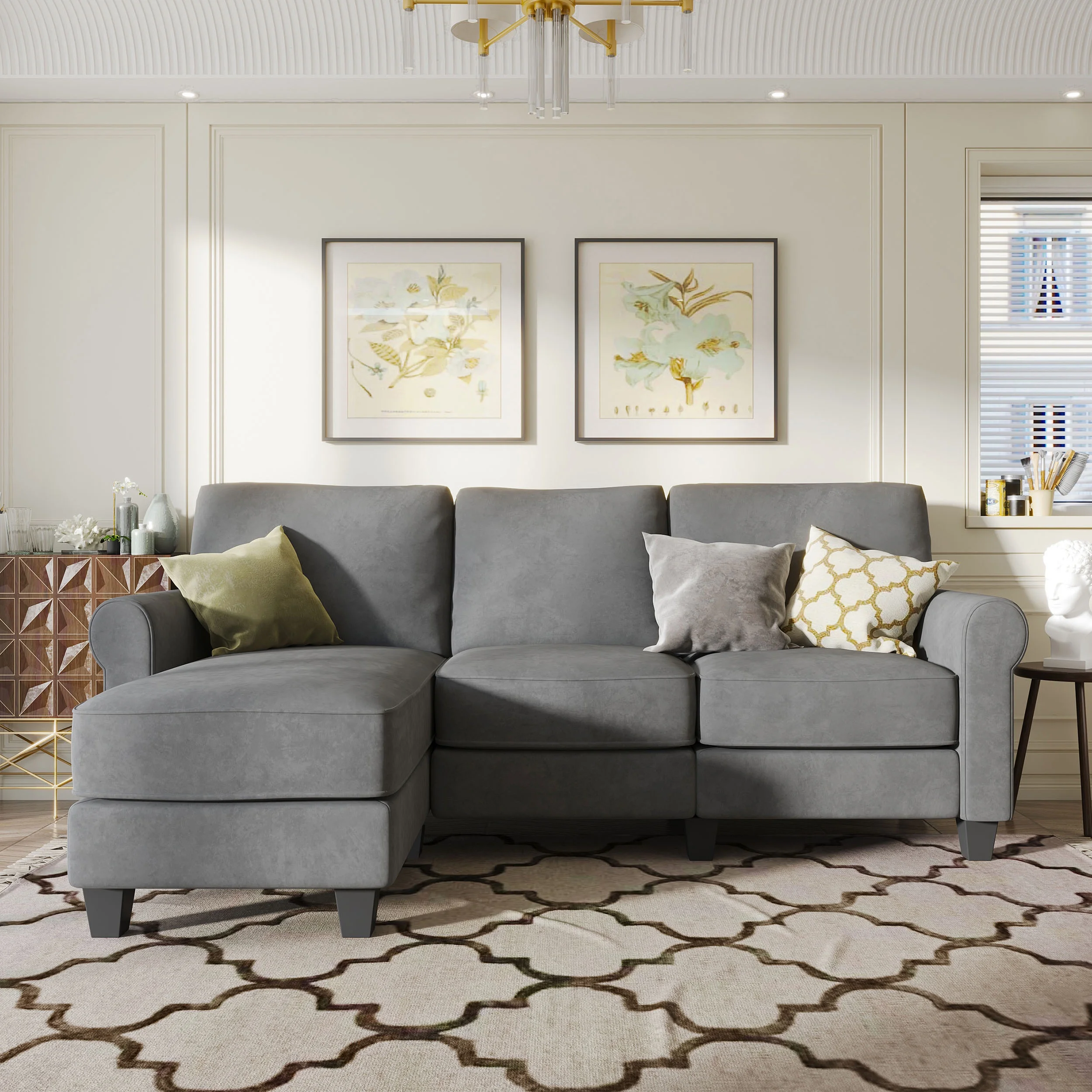 Nolany Convertible Sectional Sofa L Shaped Couch 3-Seat Sofa with Chaise, Grey Suede