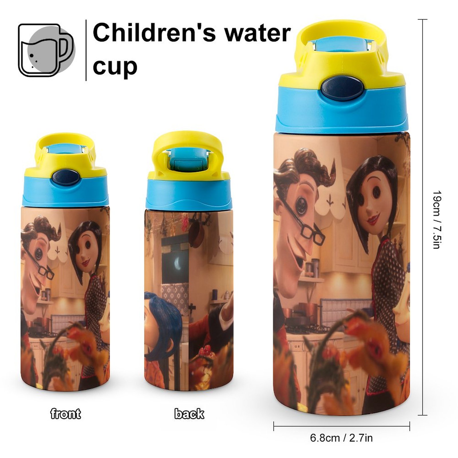 Animated Family Coraline Kid's Insulated Water Bottle With Straw Vacuum Stainless Steel Cup Leak-Proof Children Toddler Thermoses