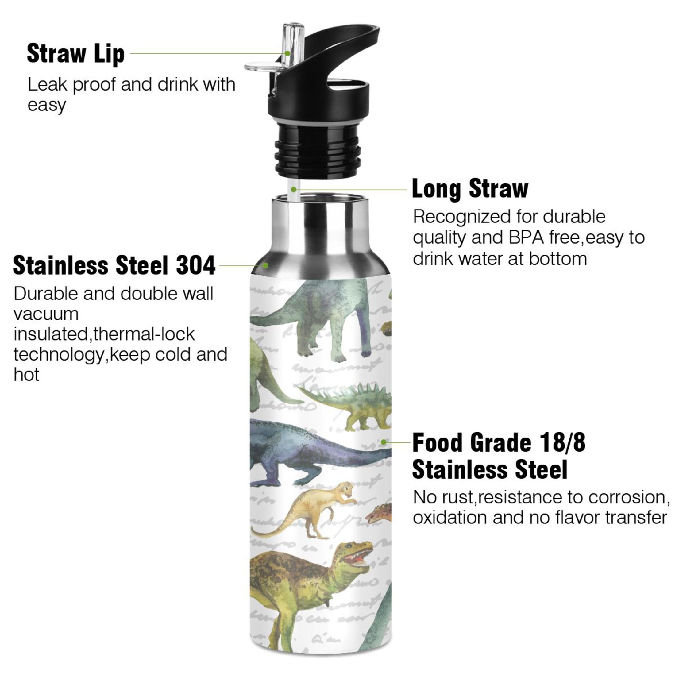 Water Bottle with Straw Lid Leak Dinosaur on White Stainless Steel Insulated Thermos Vacuum Flask for Cold Hot Drinking for Sports Camping Gym Yoga