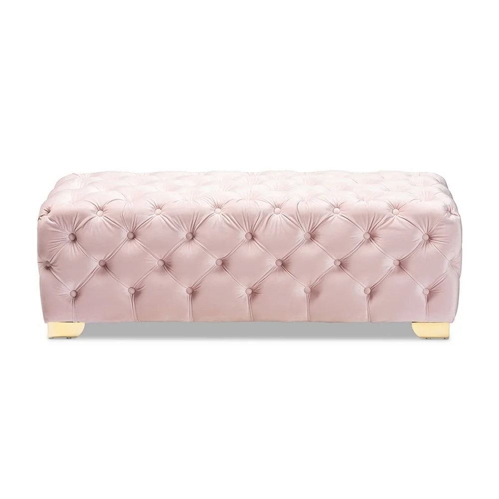 Avara Glam and Luxe Light Pink Velvet Fabric Upholstered Gold Finished Button Tufted Bench Ottoman