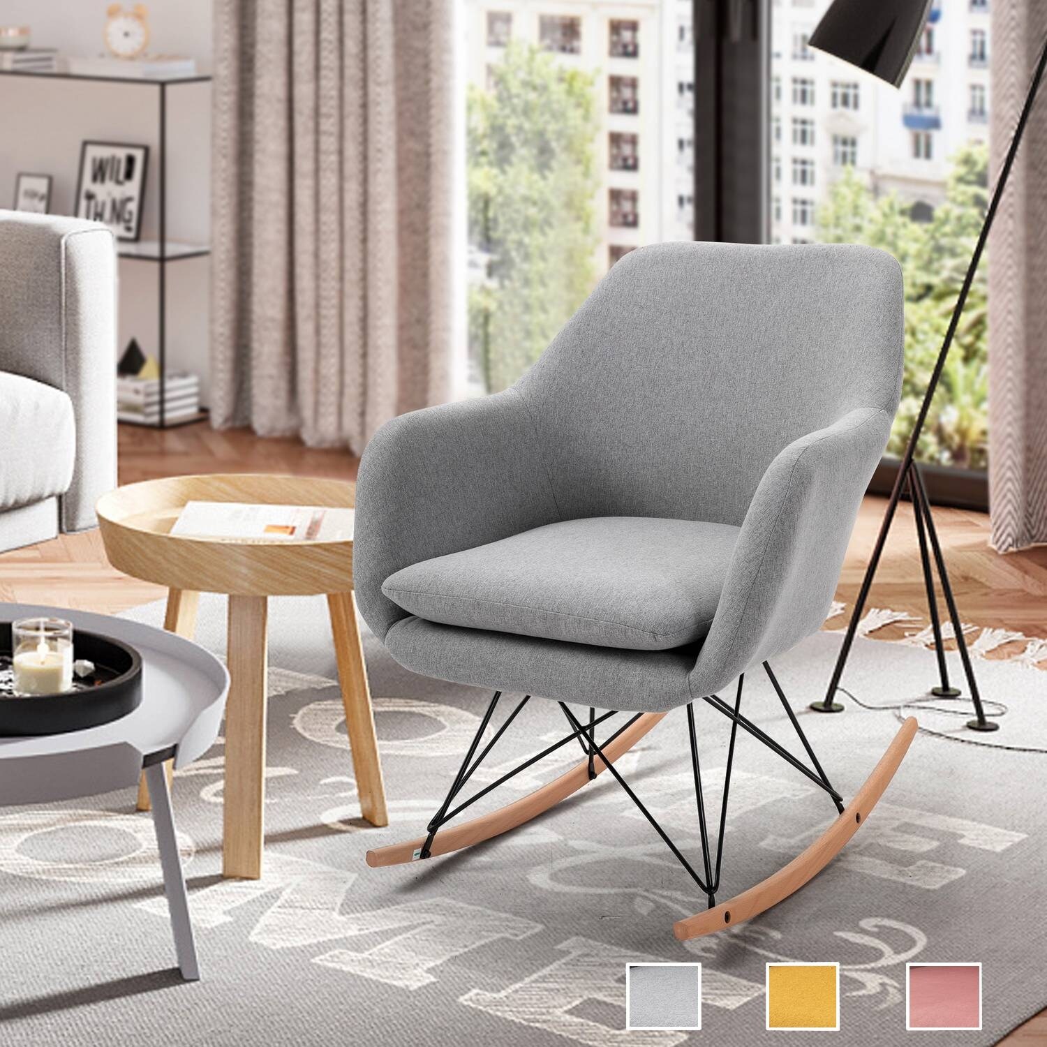 Living Room Modern Fabric Rocking Chair with Backrest 3-Color Pink