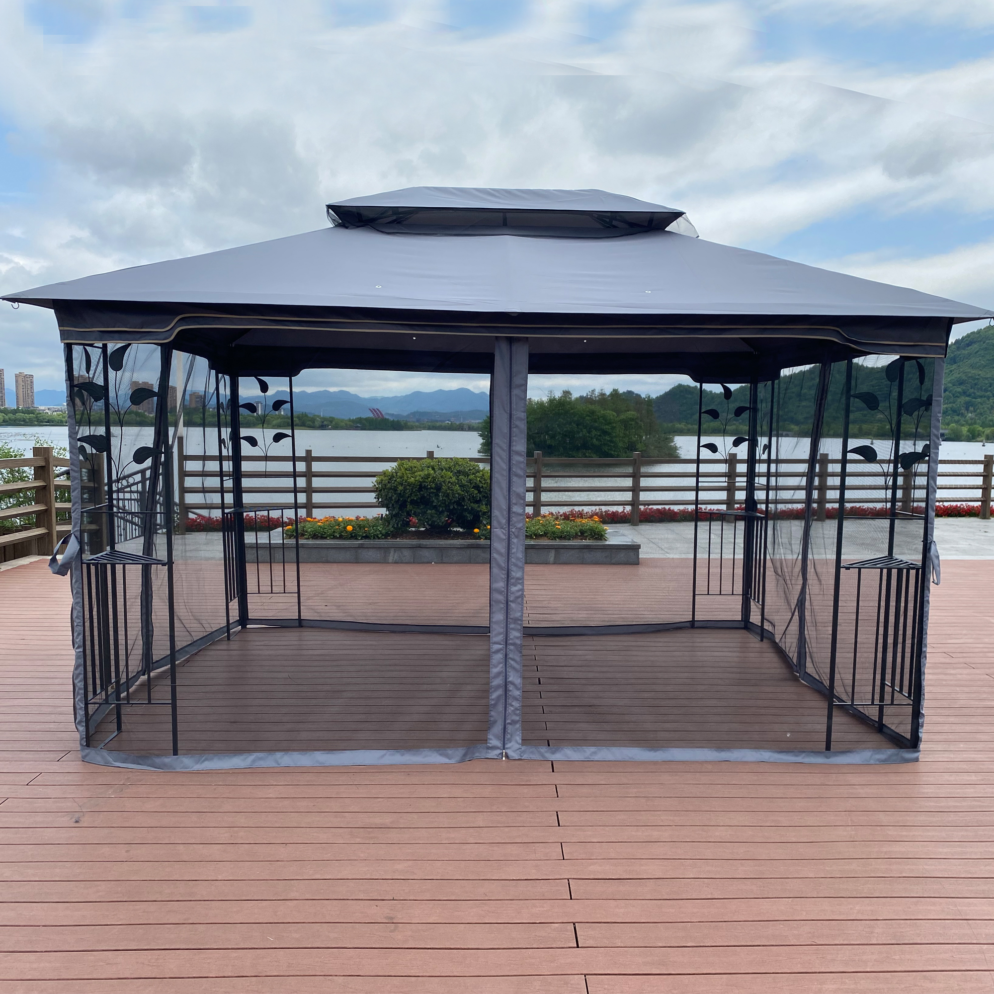 Kmowoo 13x10FT Outdoor Patio Gazebo Canopy Tent With Ventilated Double Roof And Mosquito net,Gray Top