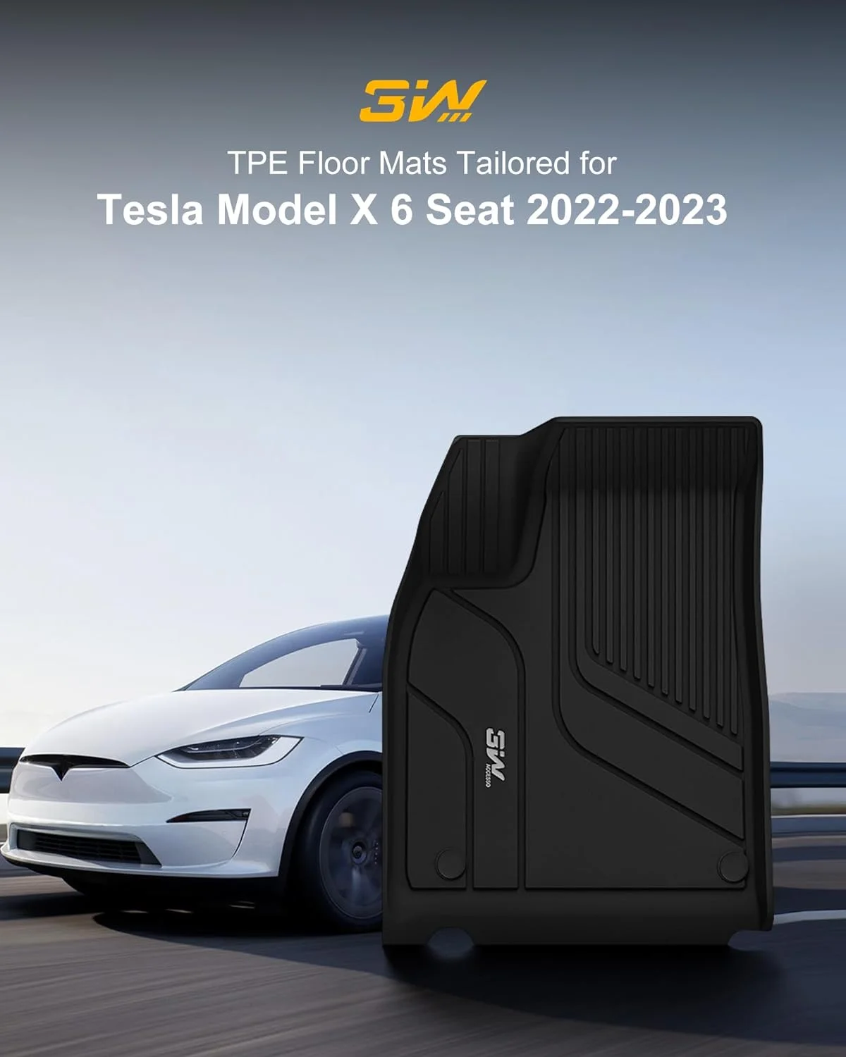 3W Custom Fit Floor Mats for Tesla Model X 6 Seat 1-3 Rows 2021-2023 - All Weather, TPE, Full Set