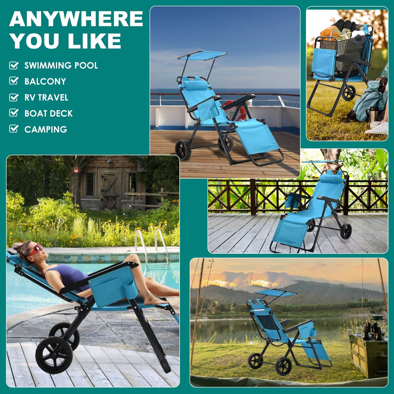 MOPHOTO Canopy Beach Chair Support 300bls, 2 in 1 Beach Cart Chair with Large Wheels, Outdoor Sunbathing Folding Beach Tanning Chair Sun Chair with Shade, Perfect for Beach, Backyard, Pool