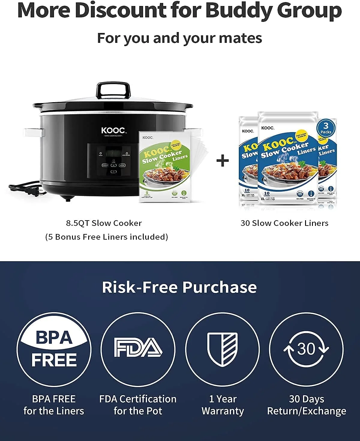 [Bundle Group] Programmable Slow Cooker 8.5-Quart (with 5 Bonus Free Liners) + Additional 3 Pack of 30 Liners for Easy Clean-up, Upgraded Pot, Adjustable Temp, Nutrient Loss Reduction