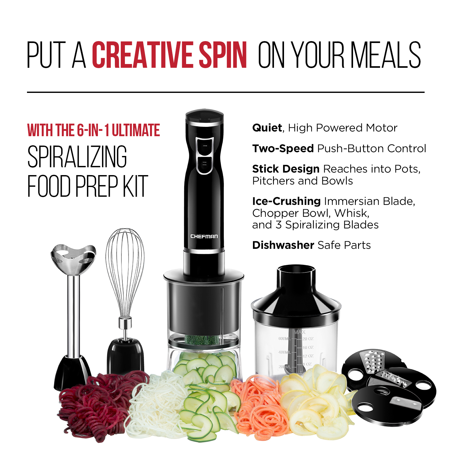 Chefman Electric Spiralizer & Immersion Blender, 6-in-1 Food Prep Combo Kit, Black