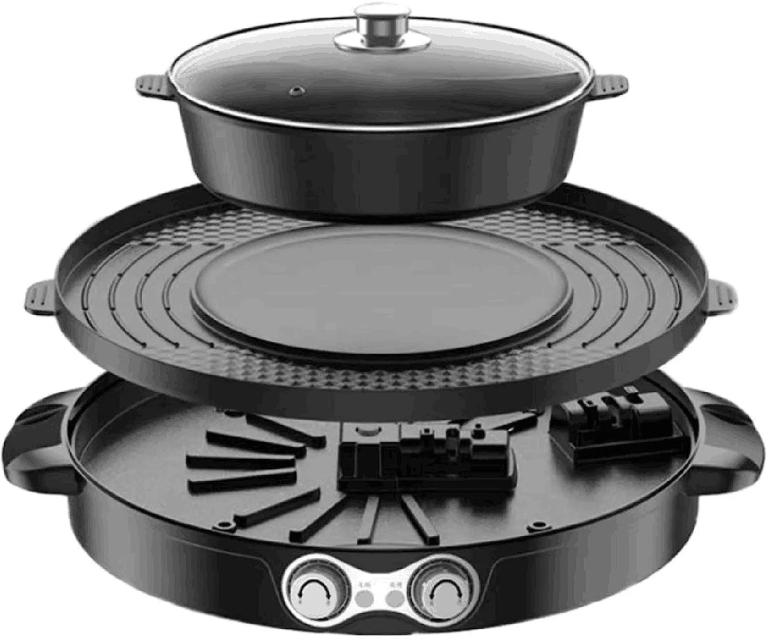 Oukaning 2 in 1 Electric BBQ Grill +Hot Pot Double Separation Baking Mould Grill Pan Ceramic Coating Smokeless for 5-8 People