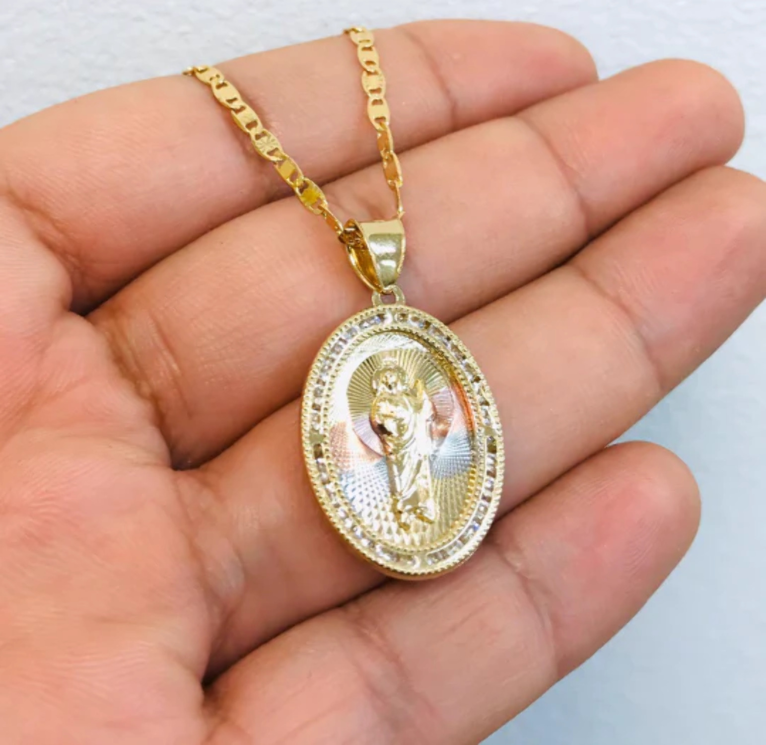 14K Gold Filled San Judas Necklace Tri-Color with CZ Stones 20