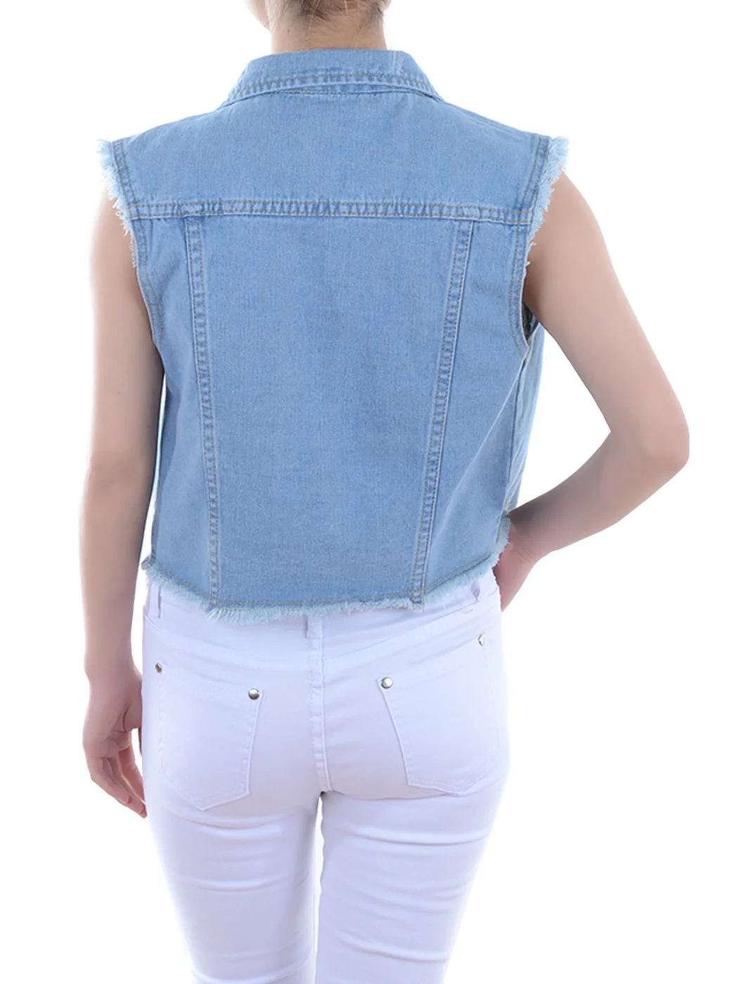 Fashion Casual Loose Womens Top Distressed Denim Button Up Sleeveless Crop Vest 5 Color