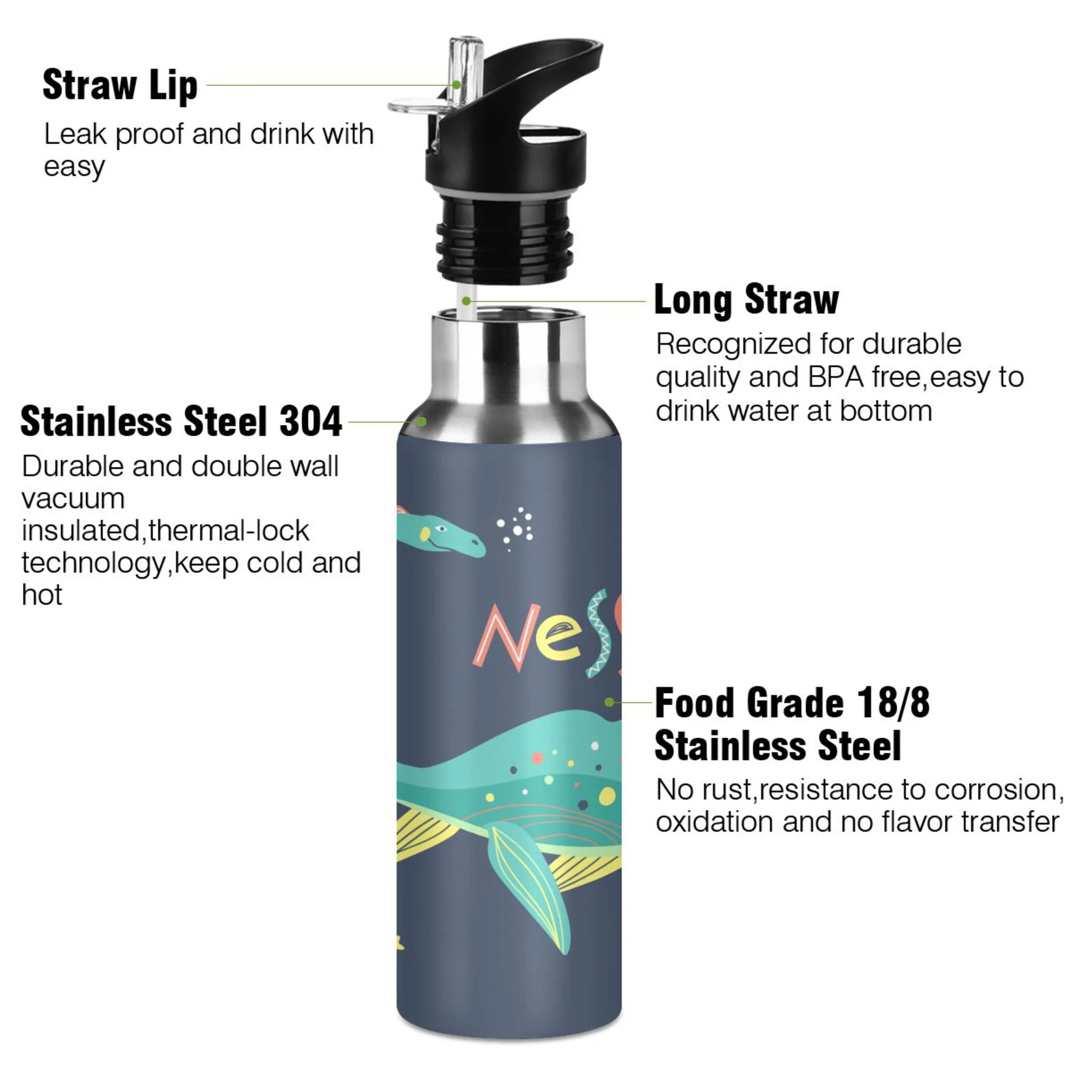 Stainless Steel Water Bottle Nessie Dinosaur with Straw Lid Vacuum Insulated Keeps Hot and Cold Leak Proof Flask Jug for Gym Travel Sports Cycling Outdoor 20 OZ